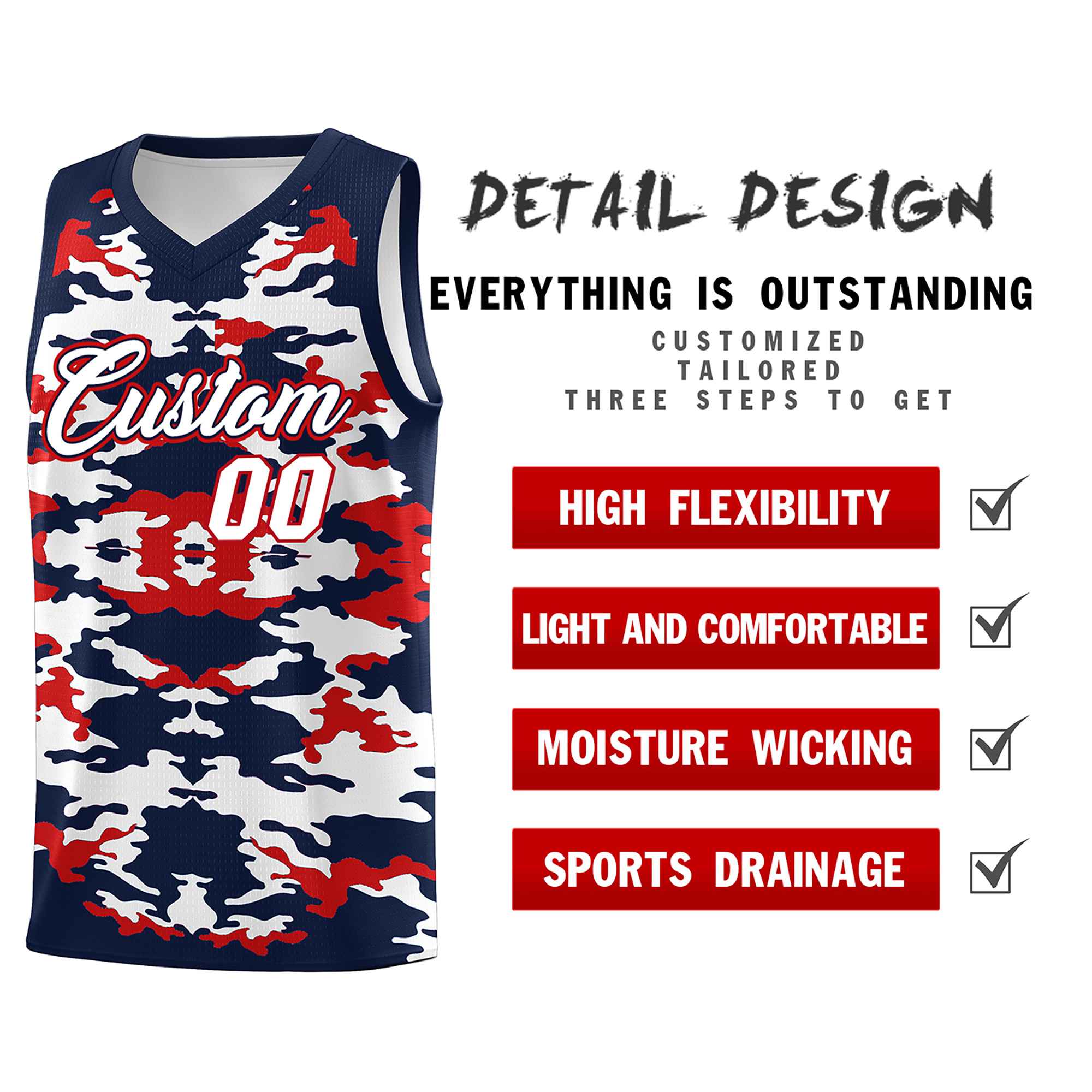 Custom Navy Red-White Personalized Camo Sets Sports Uniform Basketball Jersey