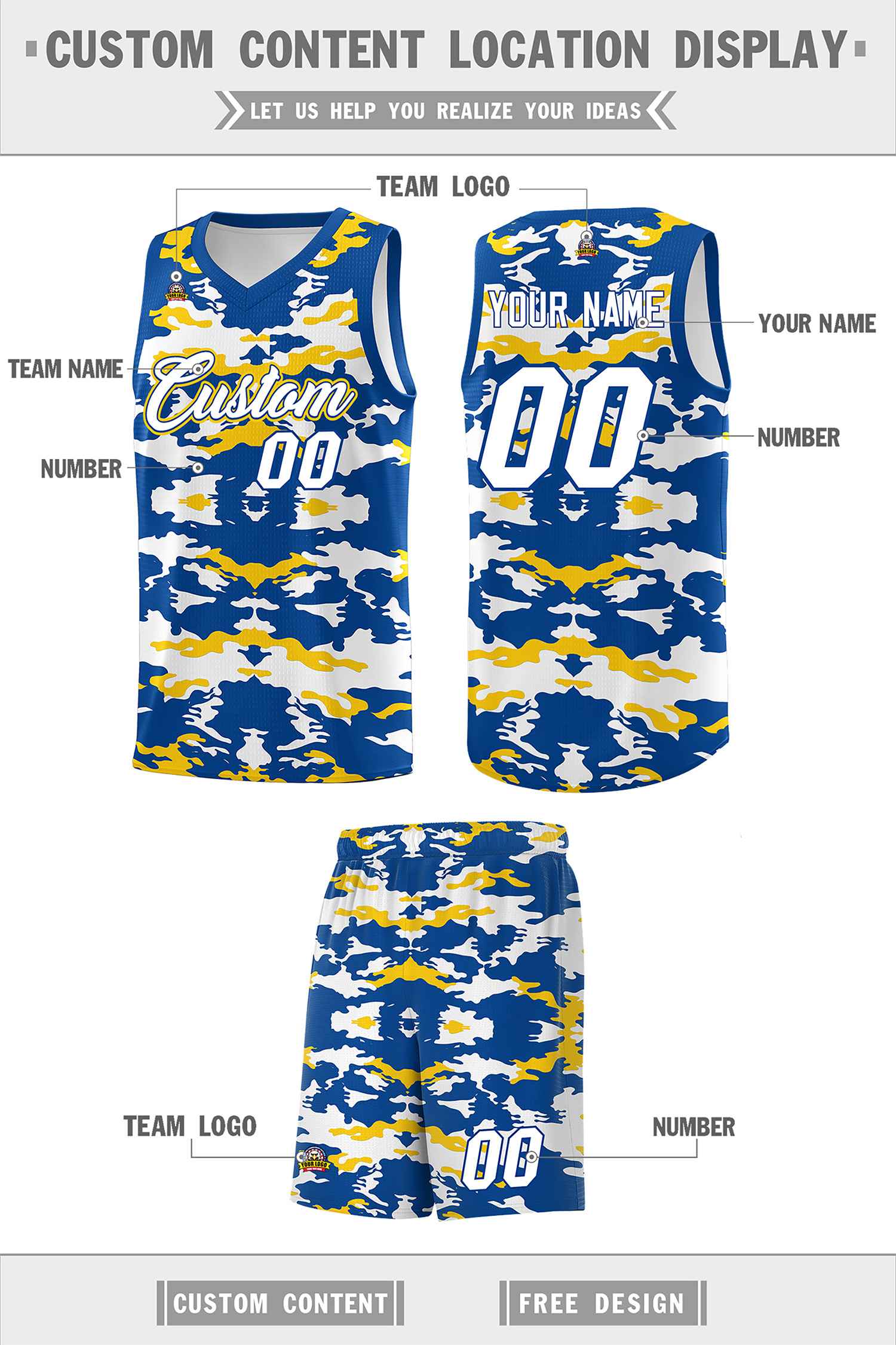 Custom Royal Gold-White Personalized Camo Sets Sports Uniform Basketball Jersey