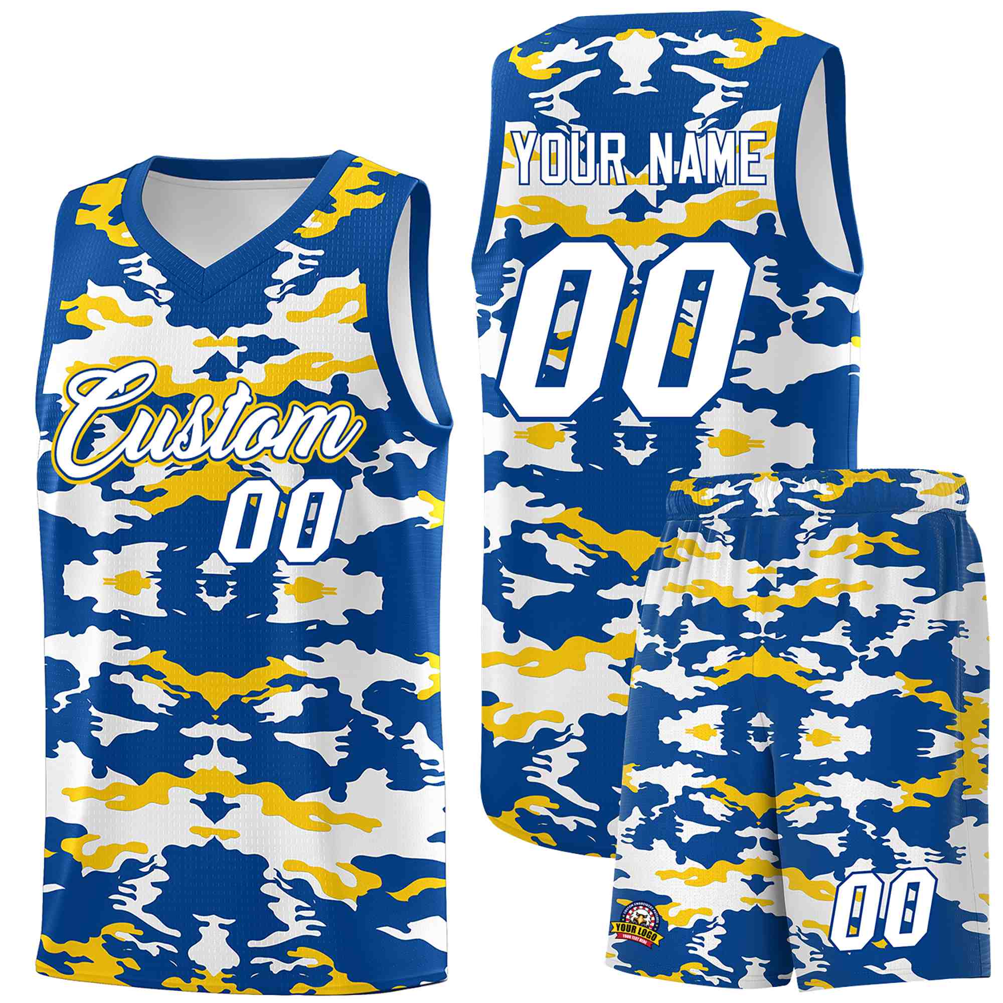 Custom Royal Gold-White Personalized Camo Sets Sports Uniform Basketball Jersey