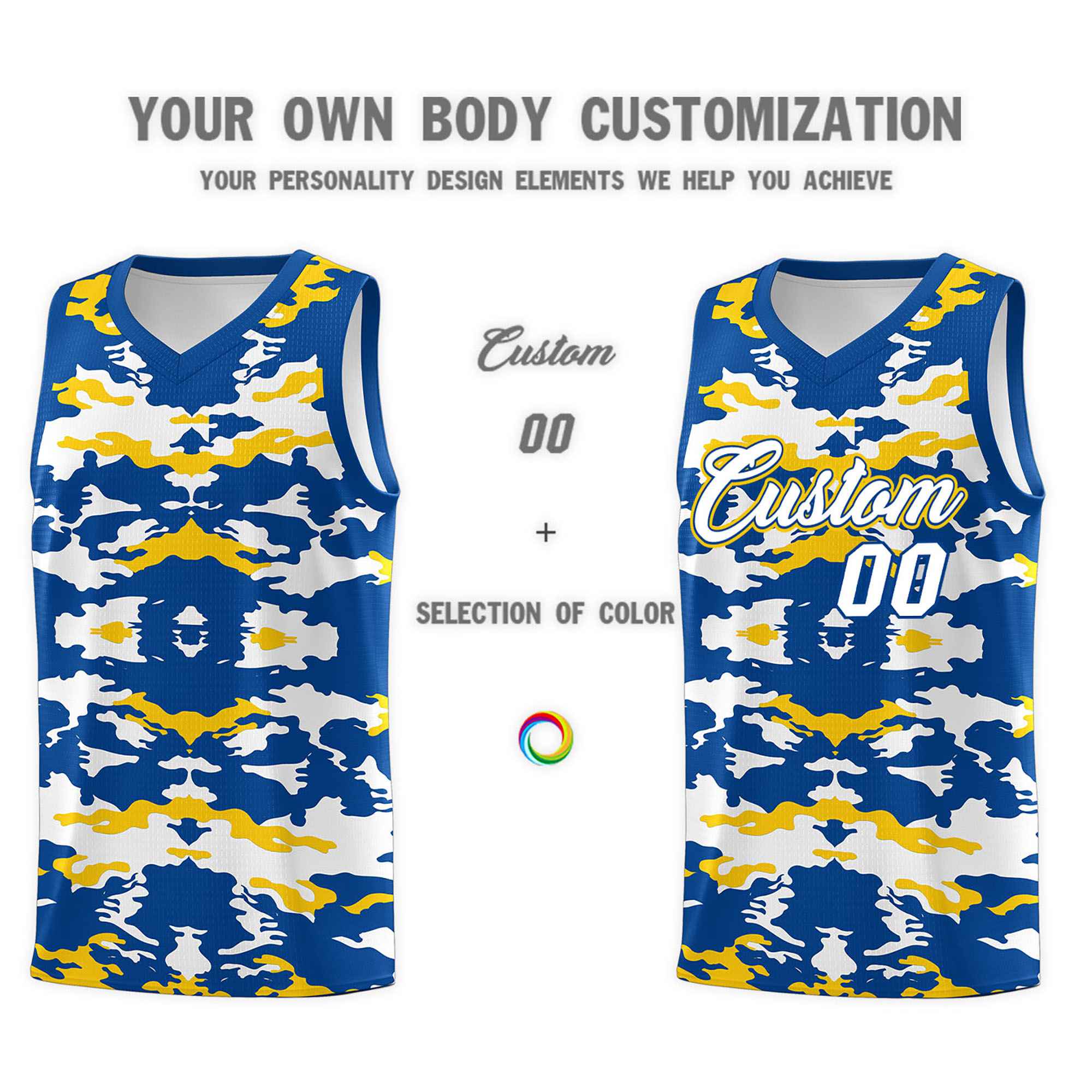 Custom Royal Gold-White Personalized Camo Sets Sports Uniform Basketball Jersey