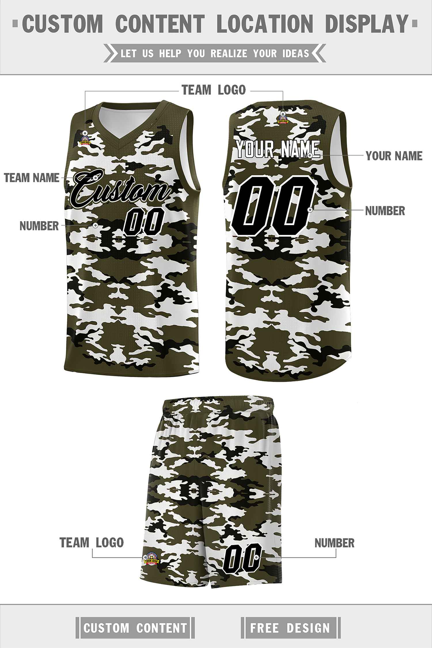 Custom Olive Black-White Personalized Camo Sets Sports Uniform Basketball Jersey