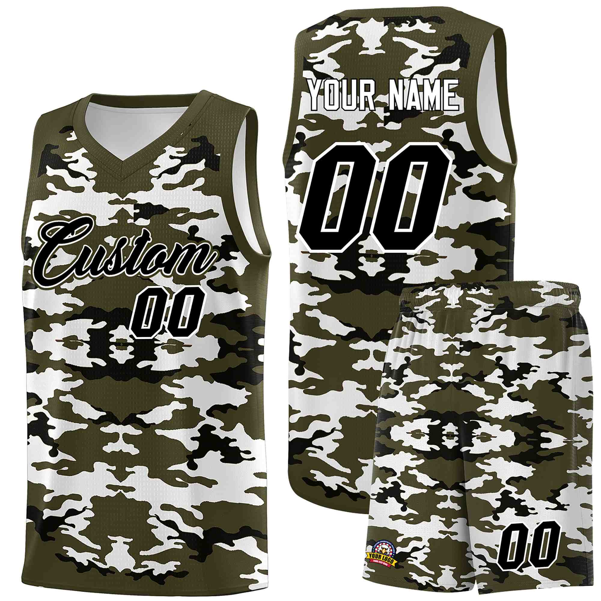 Custom Olive Black-White Personalized Camo Sets Sports Uniform Basketball Jersey