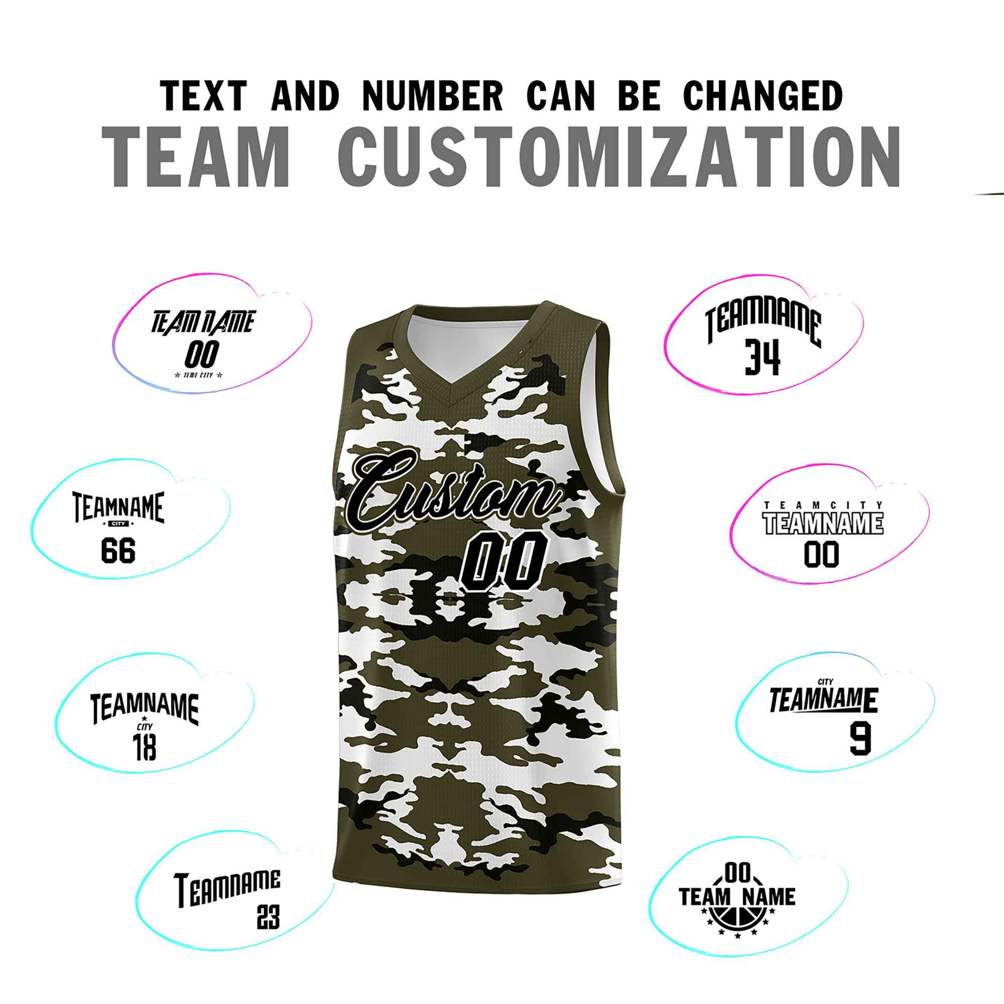 Custom Olive Black-White Personalized Camo Sets Sports Uniform Basketball Jersey