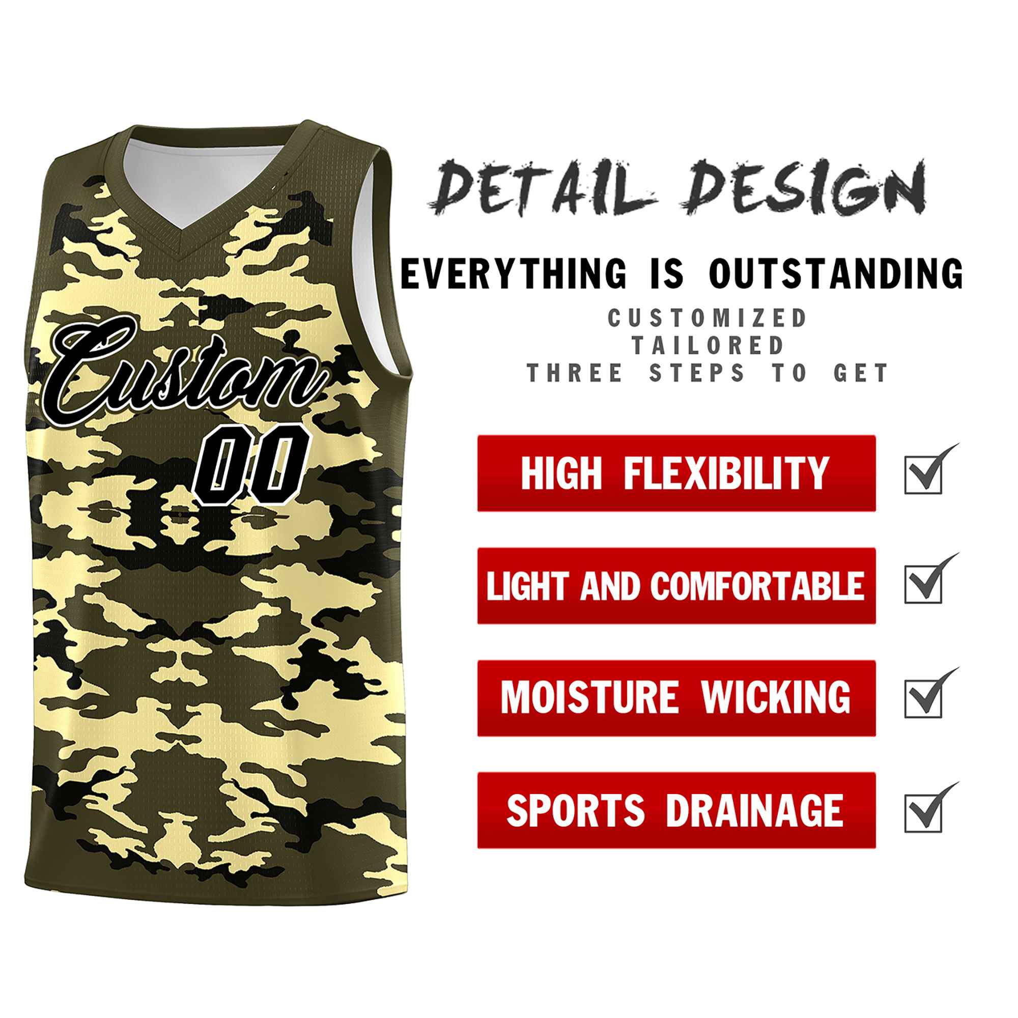 Custom Olive Black-Khaki Personalized Camo Sets Sports Uniform Basketball Jersey