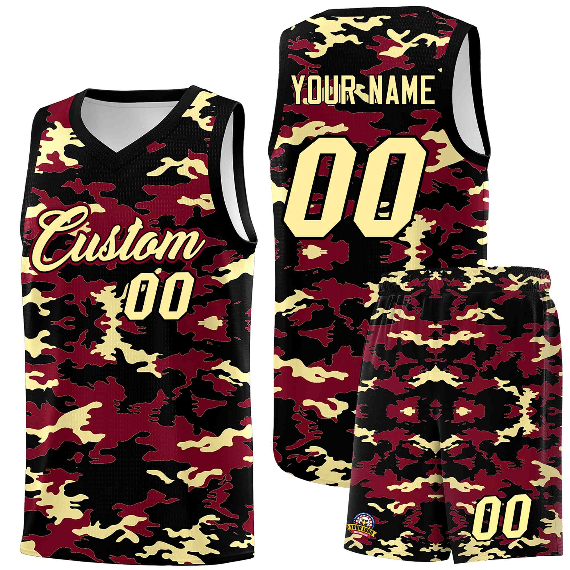 Custom Crimson Black-Khaki Personalized Camo Sets Sports Uniform Basketball Jersey