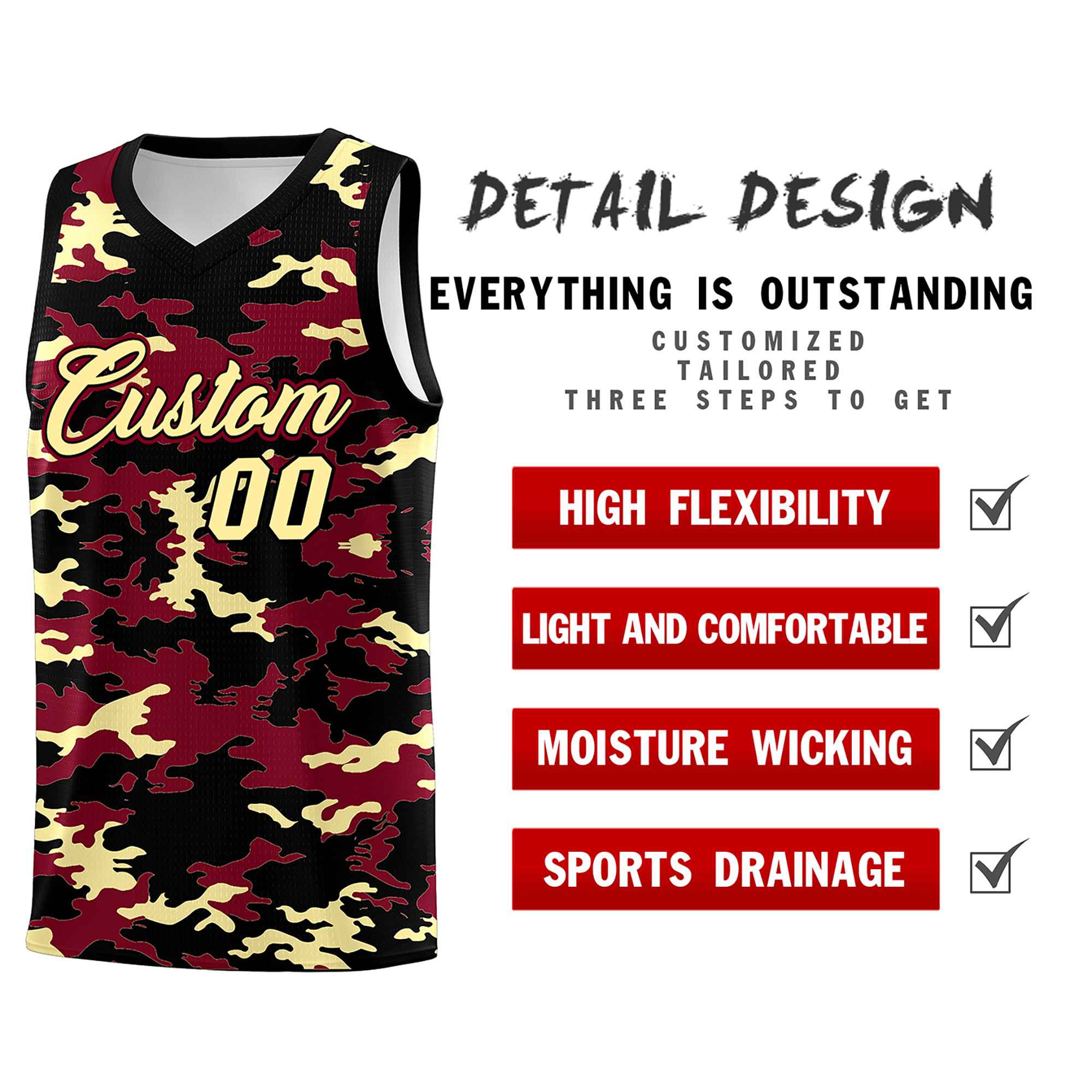 Custom Crimson Black-Khaki Personalized Camo Sets Sports Uniform Basketball Jersey