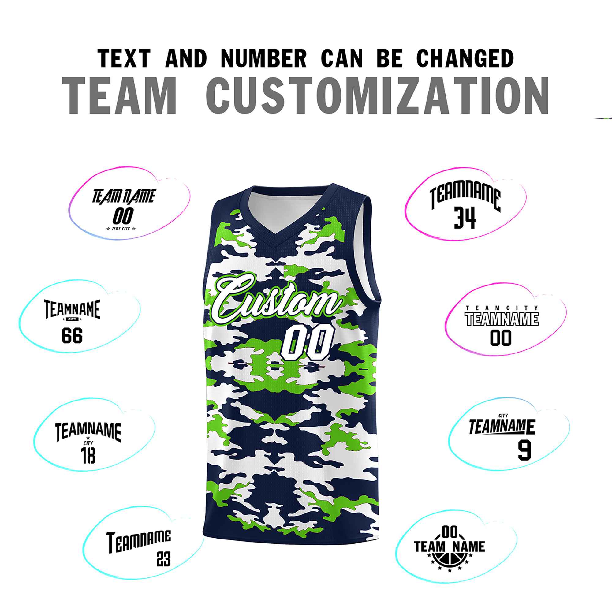 Custom Navy Neon Green-White Personalized Camo Sets Sports Uniform Basketball Jersey