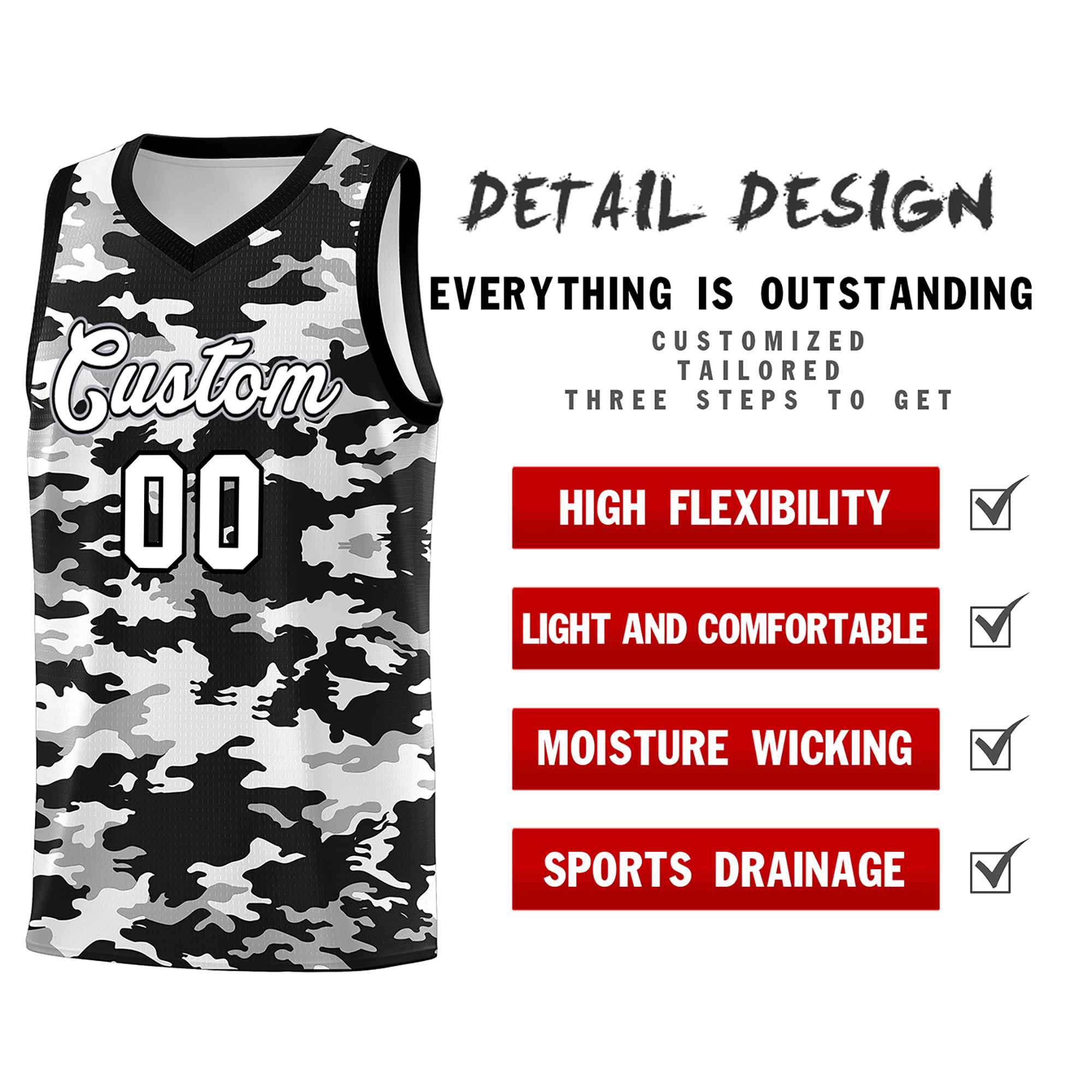 Custom Black Gray-White Personalized Camo Sets Sports Uniform Basketball Jersey