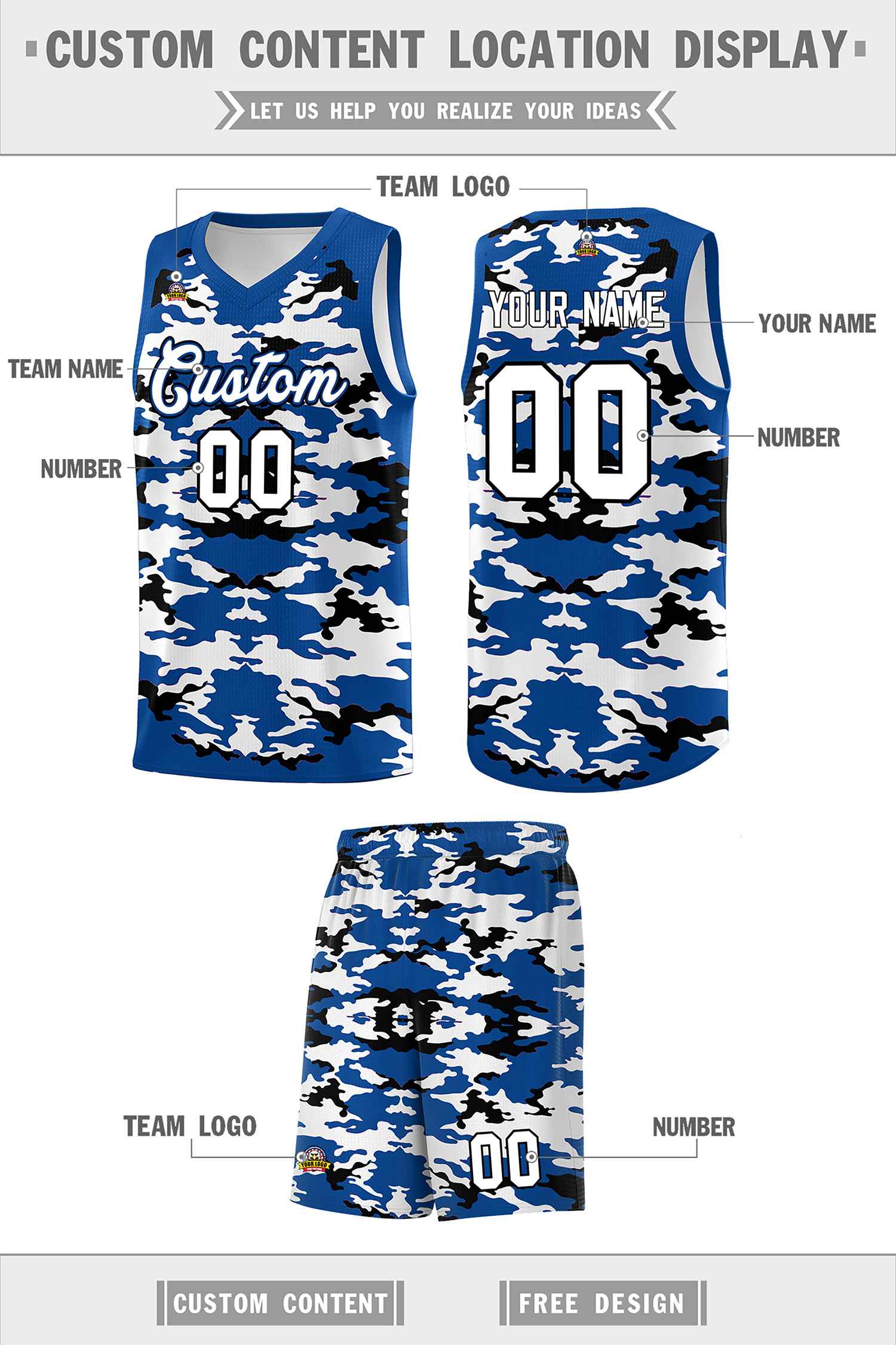 Custom Royal Black-White Personalized Camo Sets Sports Uniform Basketball Jersey