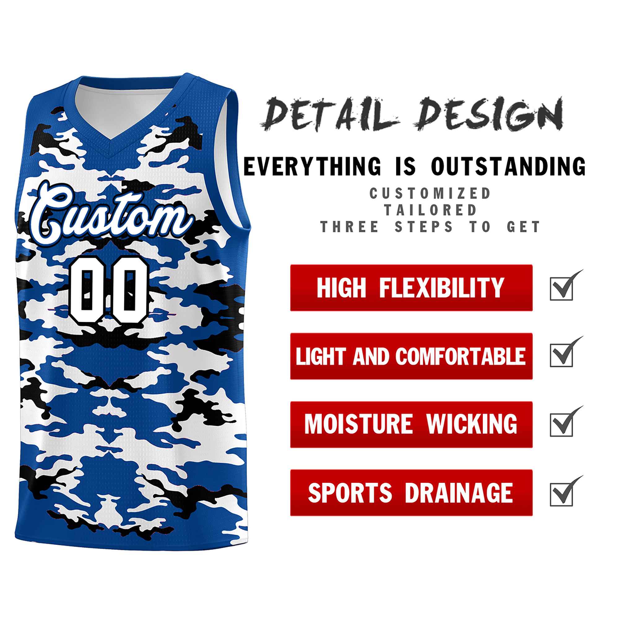 Custom Royal Black-White Personalized Camo Sets Sports Uniform Basketball Jersey