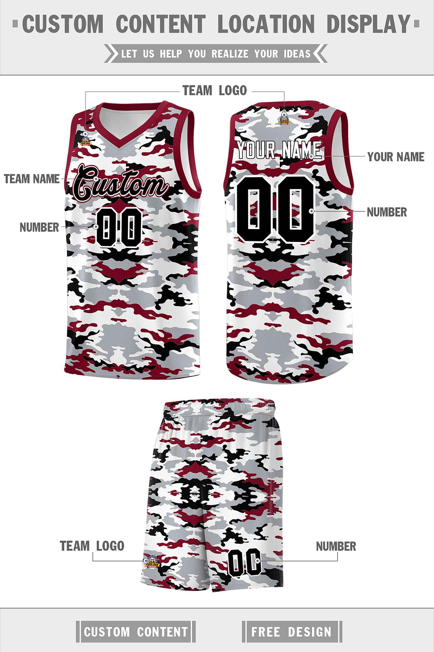 Custom Gray Crimson-Black-White Personalized Camo Sets Sports Uniform Basketball Jersey