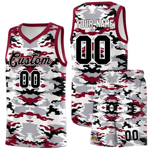 Custom Gray Crimson-Black-White Personalized Camo Sets Sports Uniform Basketball Jersey