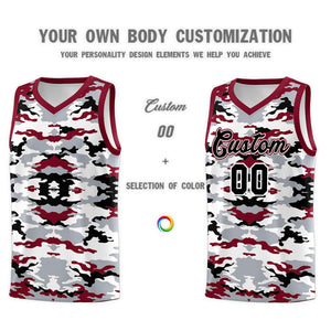 Custom Gray Crimson-Black-White Personalized Camo Sets Sports Uniform Basketball Jersey