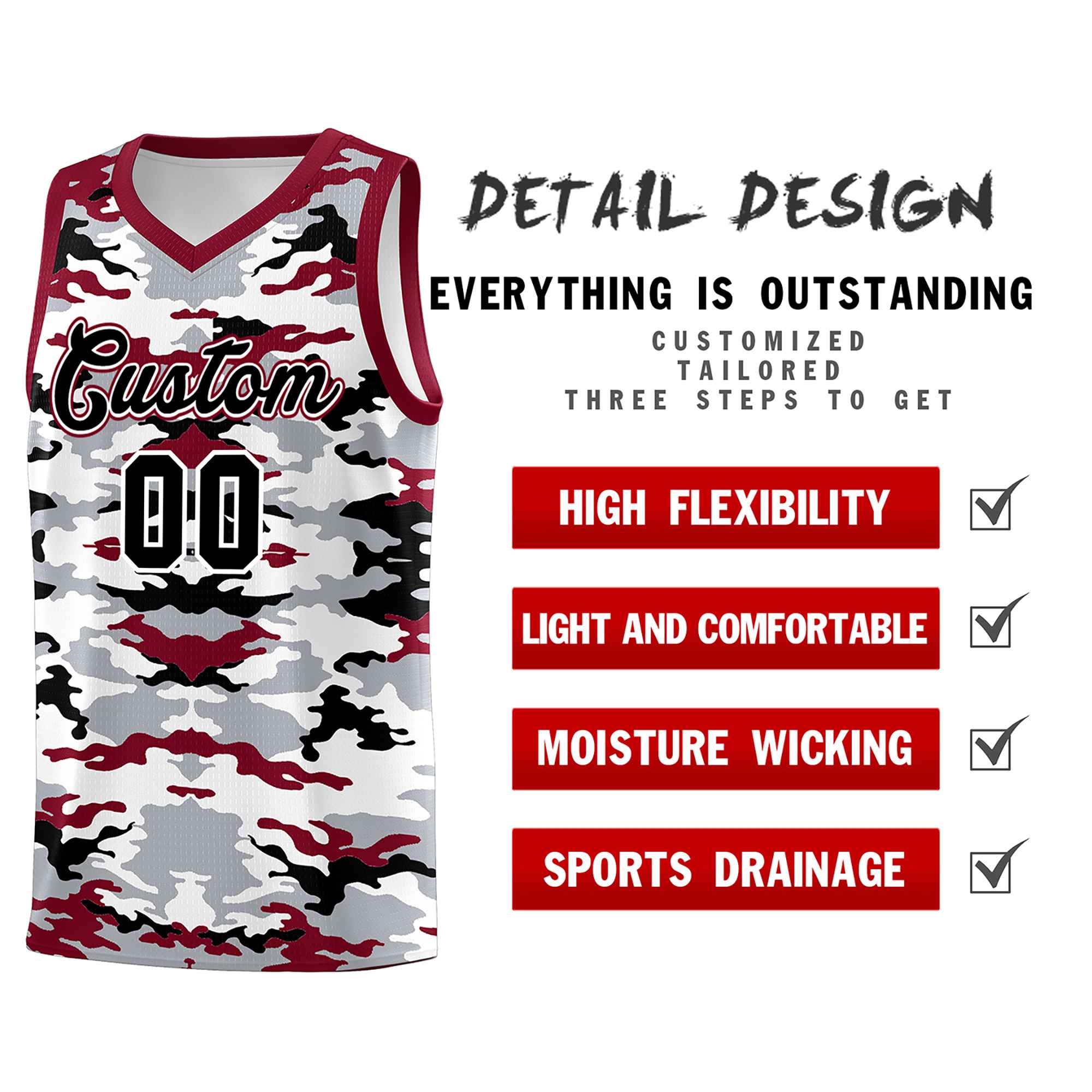 Custom Gray Crimson-Black-White Personalized Camo Sets Sports Uniform Basketball Jersey