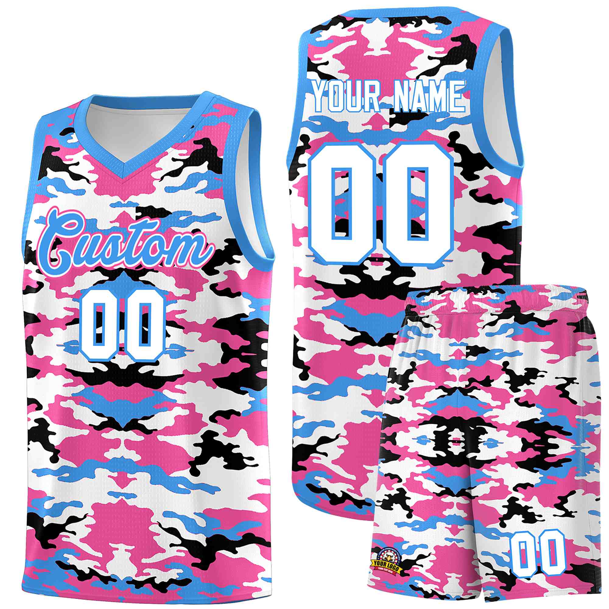 Custom Powder Blue Pink-Black-White Personalized Camo Sets Sports Uniform Basketball Jersey