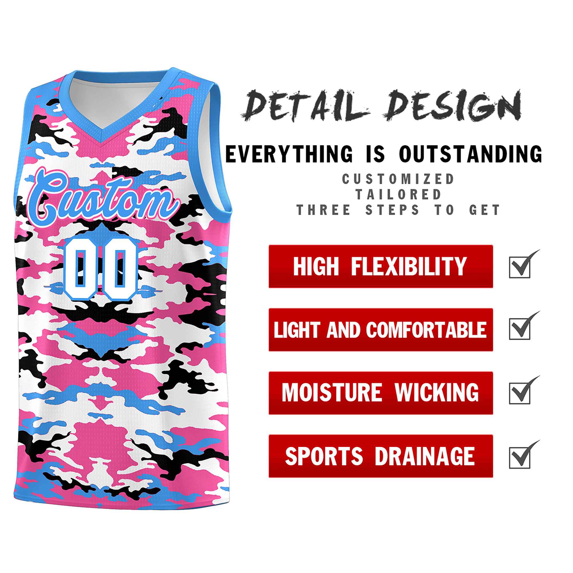 Custom Powder Blue Pink-Black-White Personalized Camo Sets Sports Uniform Basketball Jersey