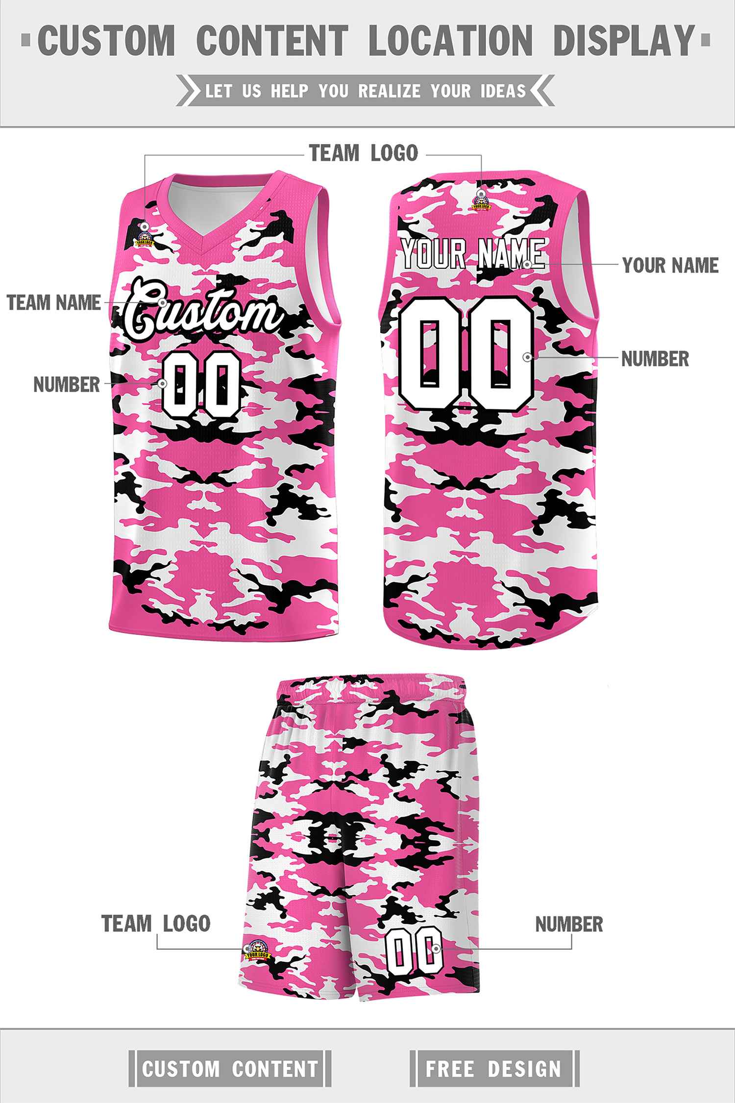 Custom Pink Black-White Personalized Camo Sets Sports Uniform Basketball Jersey