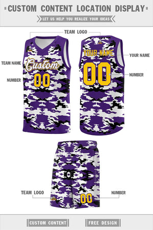 Custom Purple Black-White Personalized Camo Sets Sports Uniform Basketball Jersey