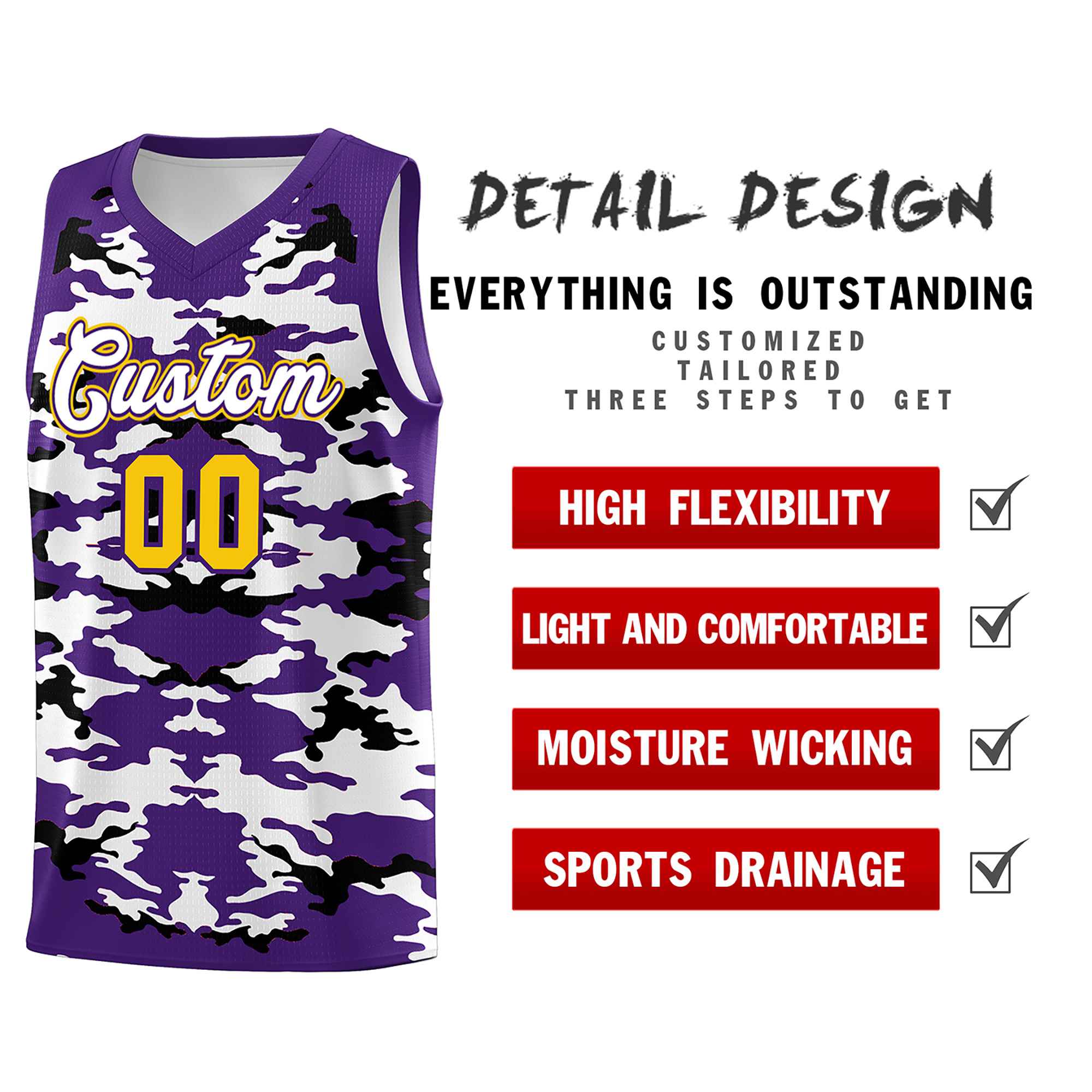 Custom Purple Black-White Personalized Camo Sets Sports Uniform Basketball Jersey