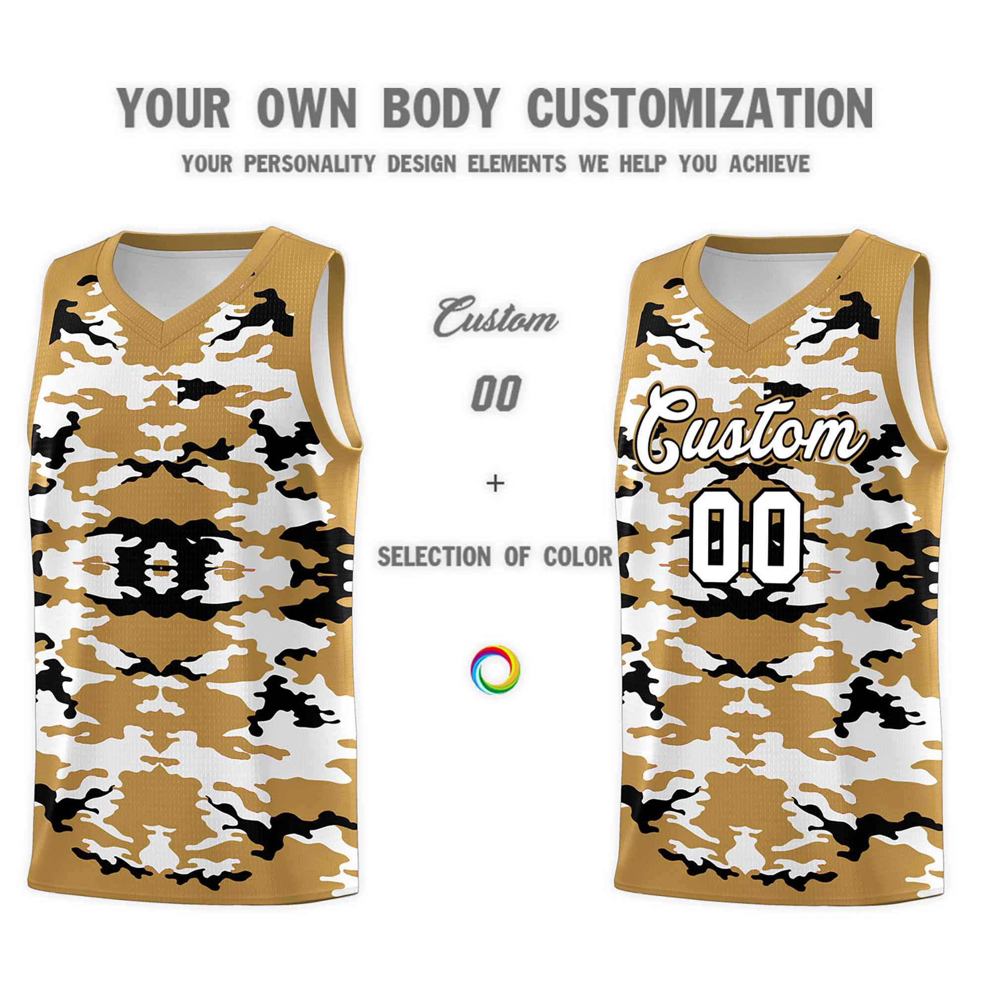 Custom Old Gold Black-White Personalized Camo Sets Sports Uniform Basketball Jersey