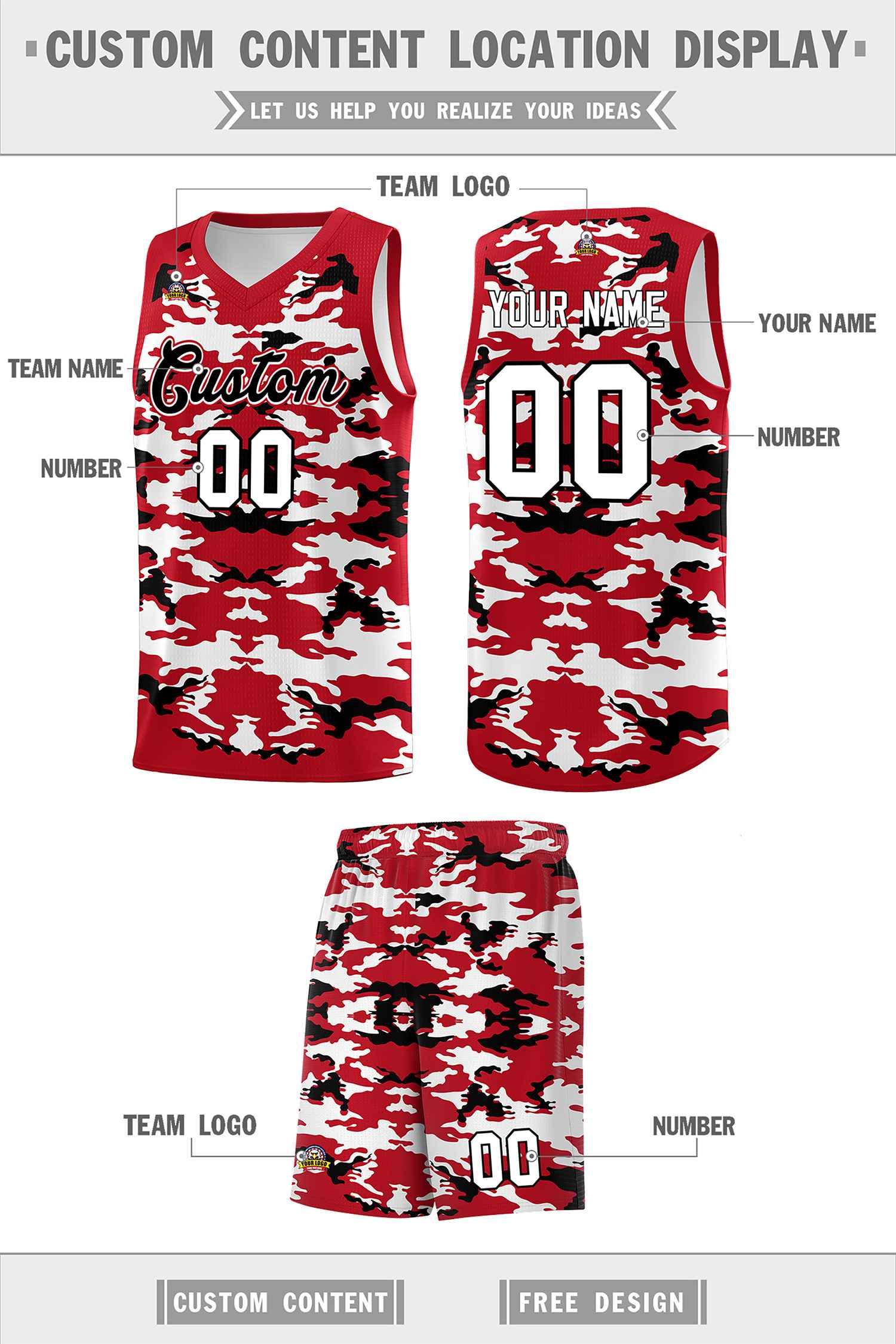 Custom Red Black-White Personalized Camo Sets Sports Uniform Basketball Jersey