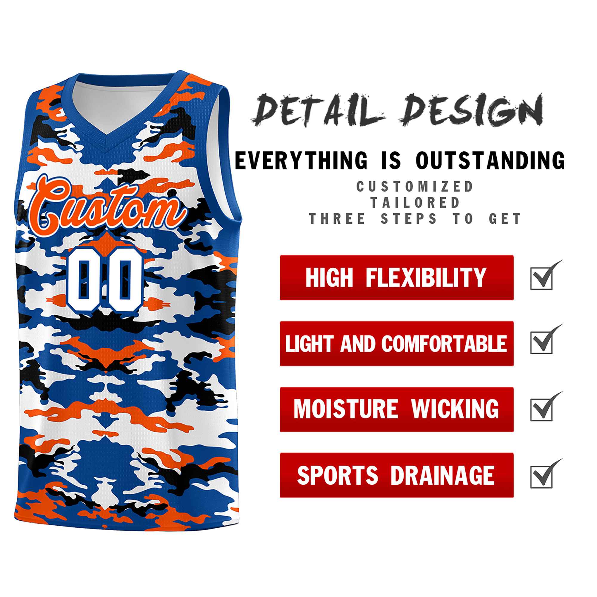 Custom Royal Orange-Black-White Personalized Camo Sets Sports Uniform Basketball Jersey