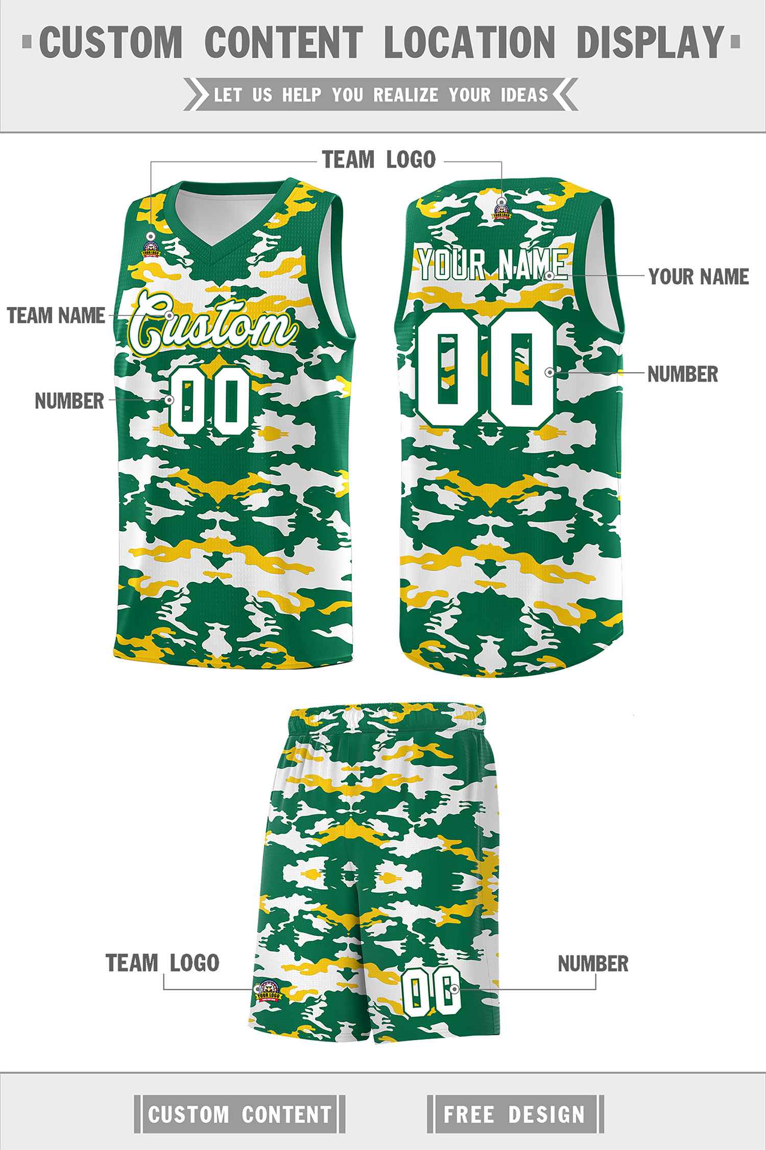 Custom Kelly Green Gold-White Personalized Camo Sets Sports Uniform Basketball Jersey