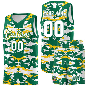 Custom Kelly Green Gold-White Personalized Camo Sets Sports Uniform Basketball Jersey