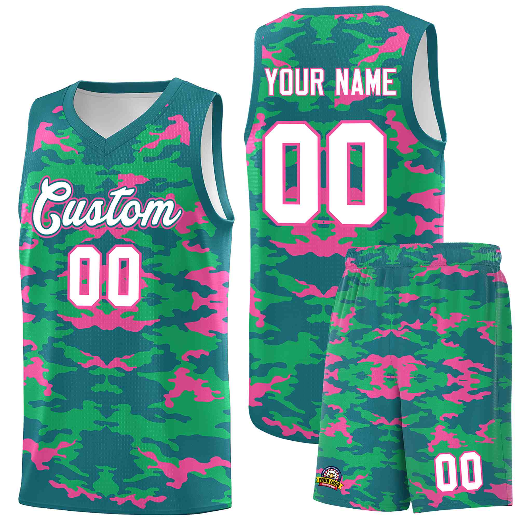 Custom Aqua Pink-Light Green Personalized Camo Sets Sports Uniform Basketball Jersey