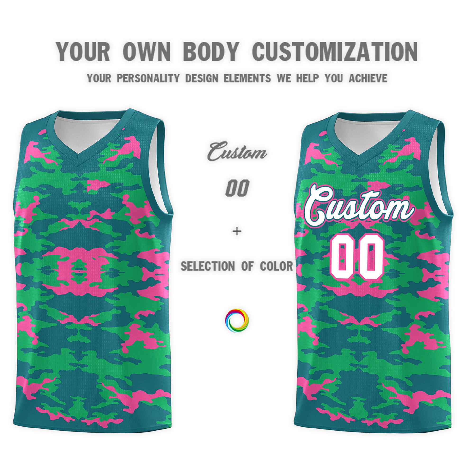 Custom Aqua Pink-Light Green Personalized Camo Sets Sports Uniform Basketball Jersey