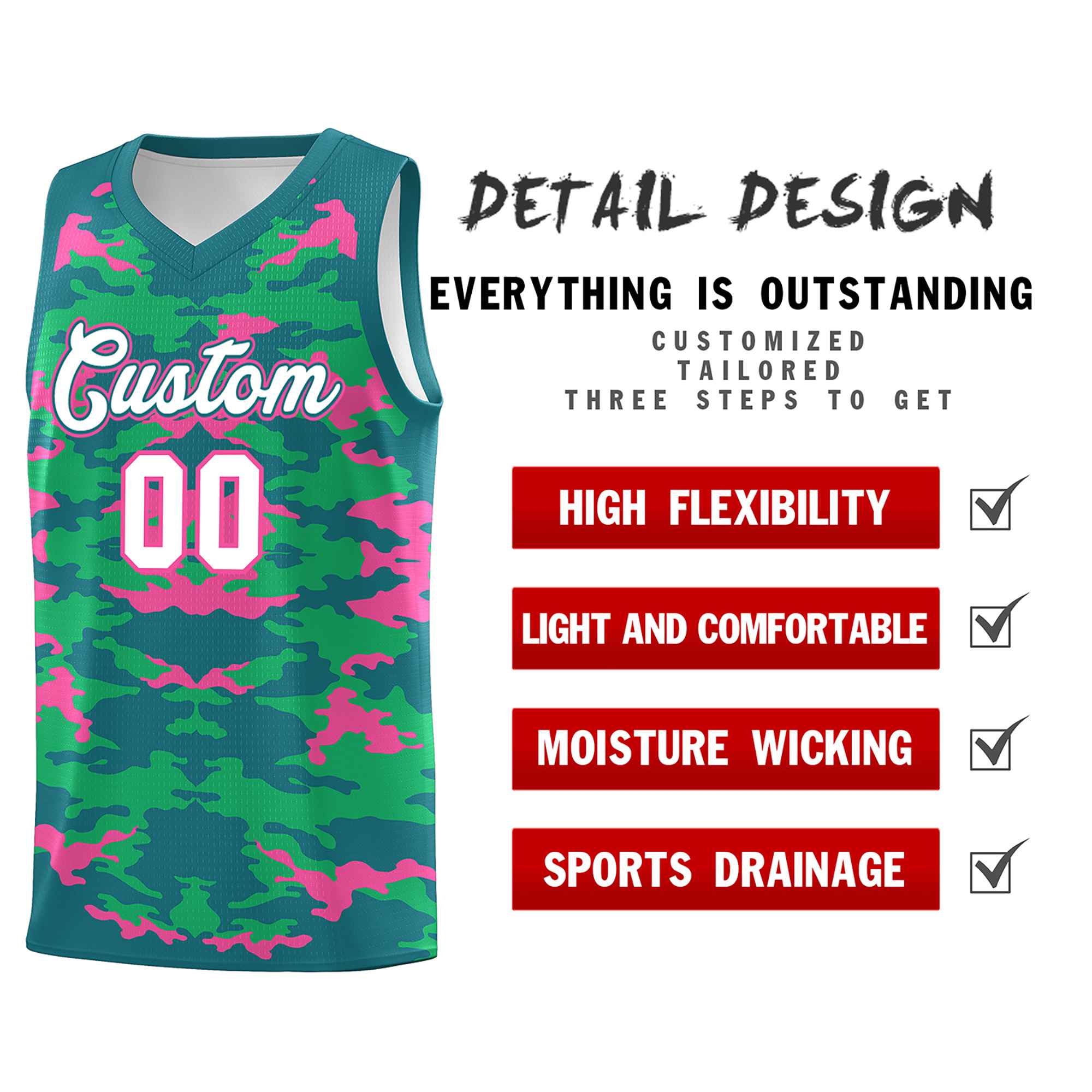 Custom Aqua Pink-Light Green Personalized Camo Sets Sports Uniform Basketball Jersey