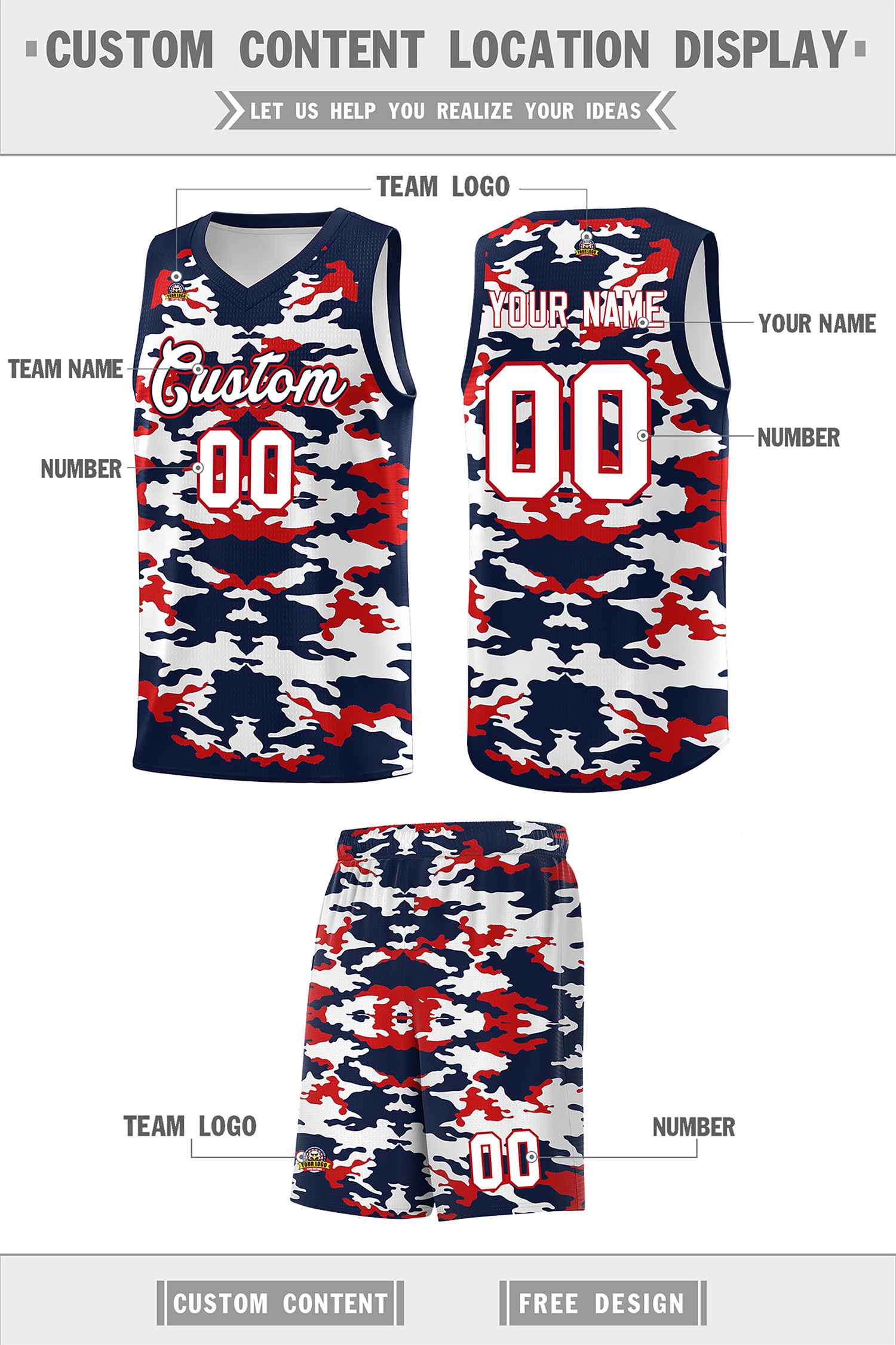 Custom Navy Red-White Personalized Camo Sets Sports Uniform Basketball Jersey