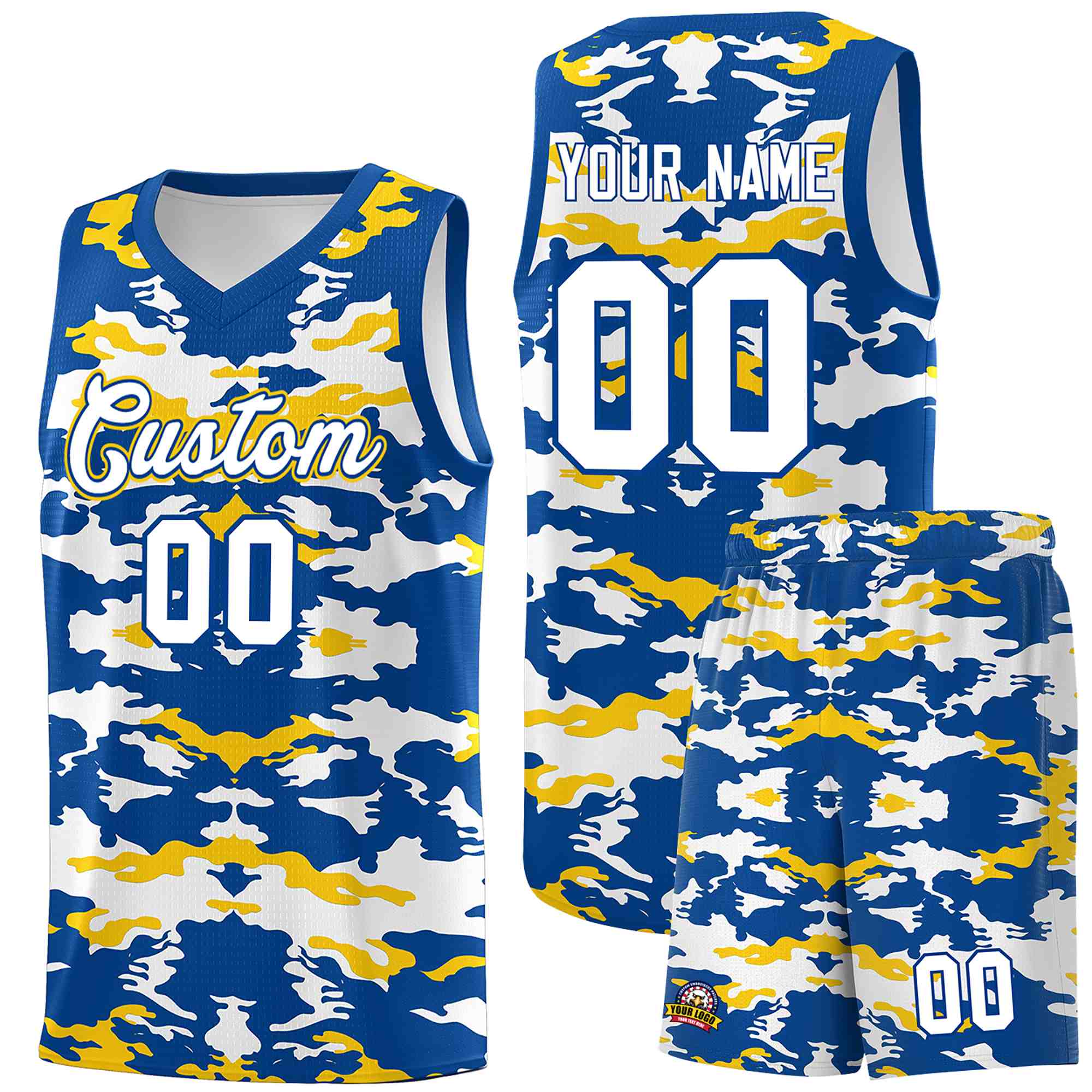 Custom Royal Gold-White Personalized Camo Sets Sports Uniform Basketball Jersey