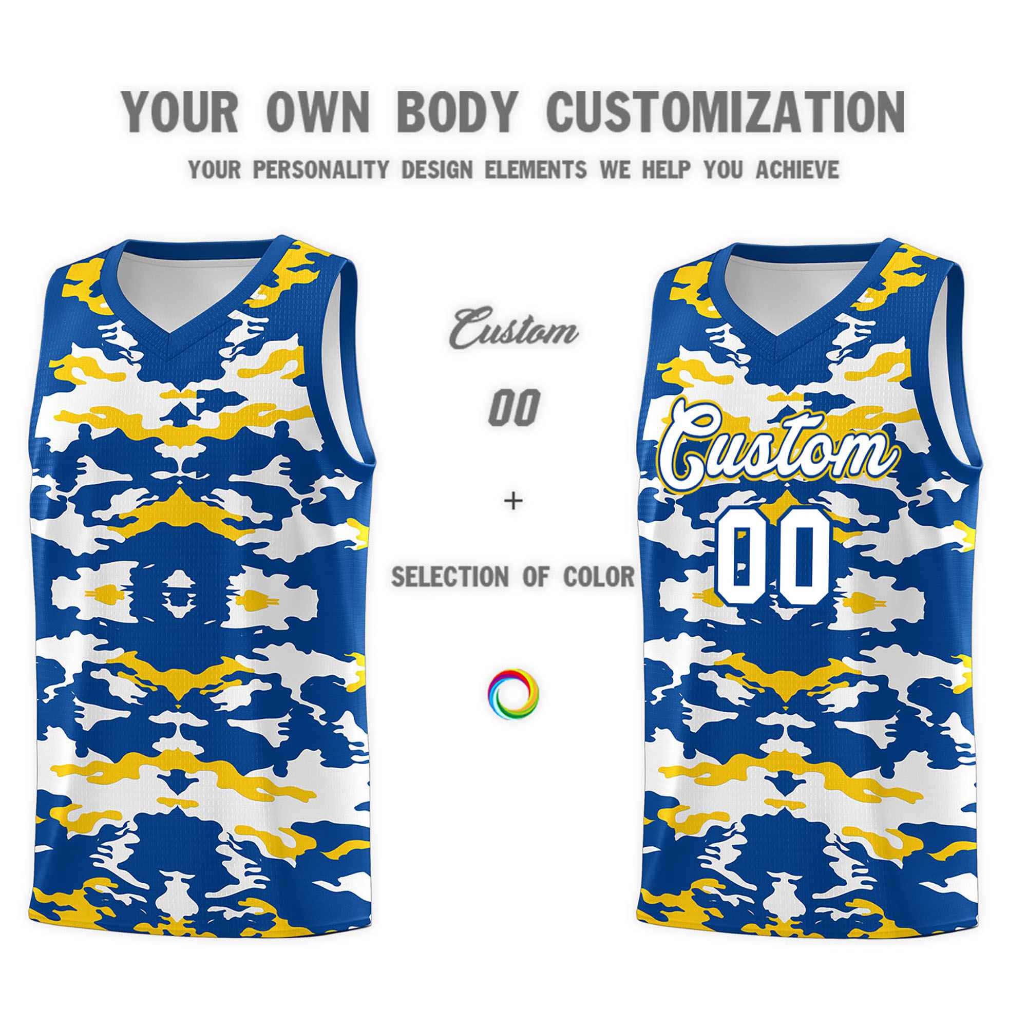 Custom Royal Gold-White Personalized Camo Sets Sports Uniform Basketball Jersey