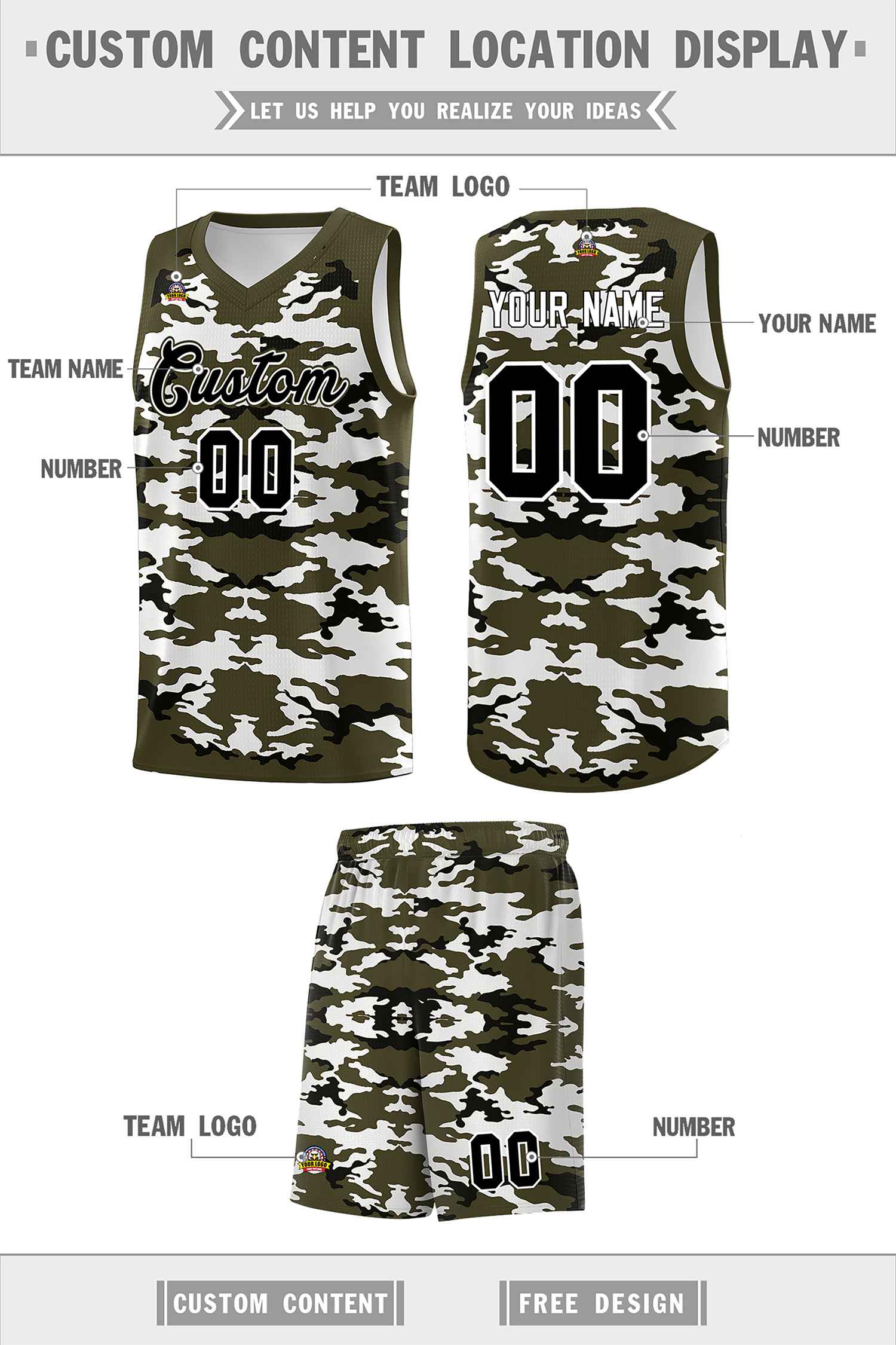 Custom Olive Black-White Personalized Camo Sets Sports Uniform Basketball Jersey