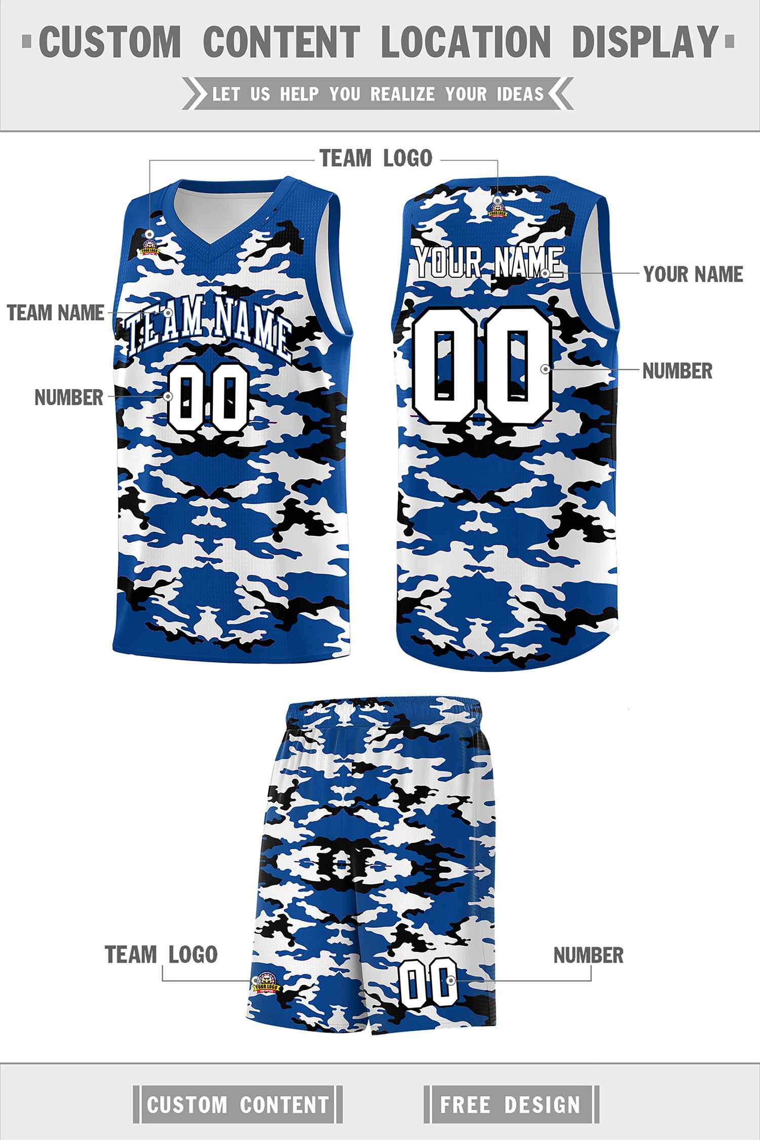 Custom Royal Black-White Personalized Camo Sets Sports Uniform Basketball Jersey