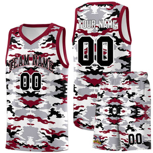 Custom Gray Crimson-Black-White Personalized Camo Sets Sports Uniform Basketball Jersey