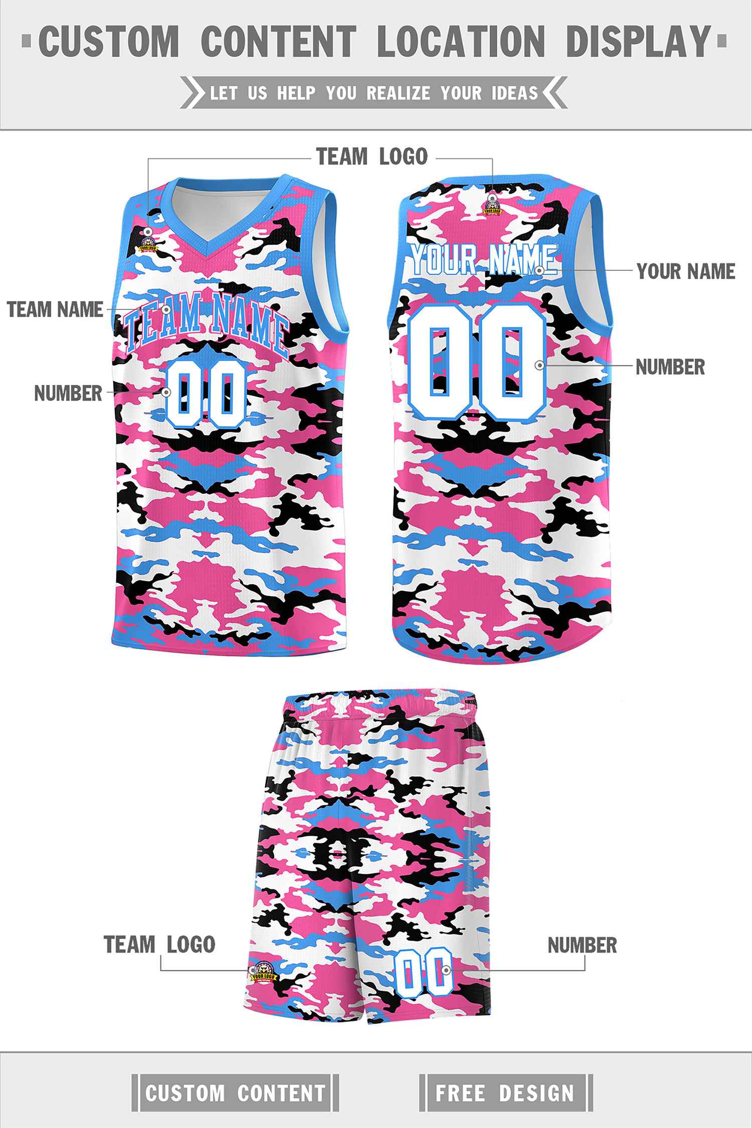 Custom Powder Blue Pink-Black-White Personalized Camo Sets Sports Uniform Basketball Jersey