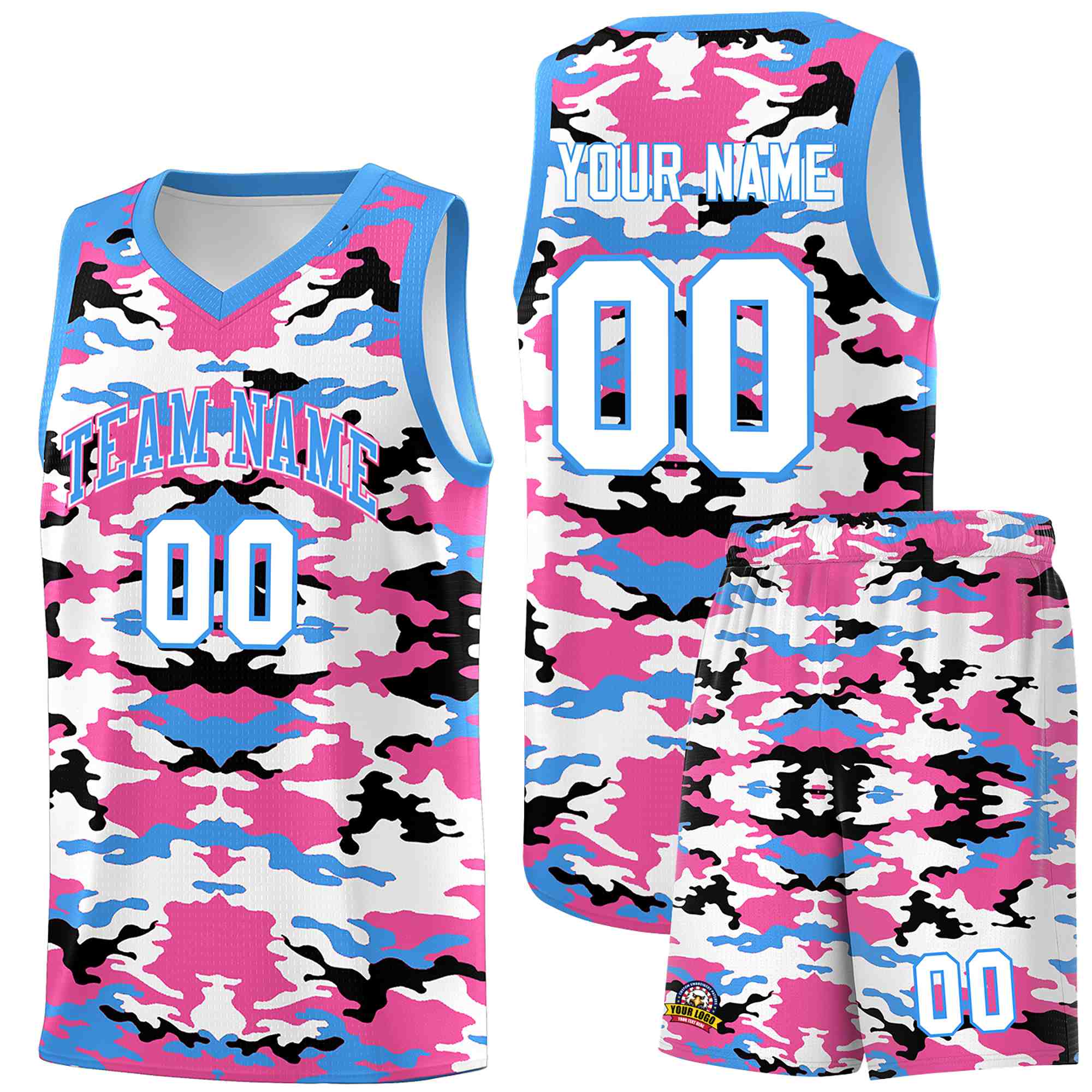 Custom Powder Blue Pink-Black-White Personalized Camo Sets Sports Uniform Basketball Jersey