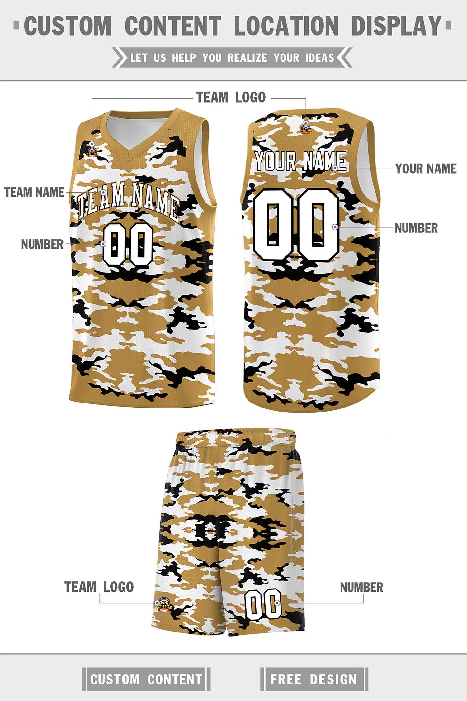 Custom Old Gold Black-White Personalized Camo Sets Sports Uniform Basketball Jersey