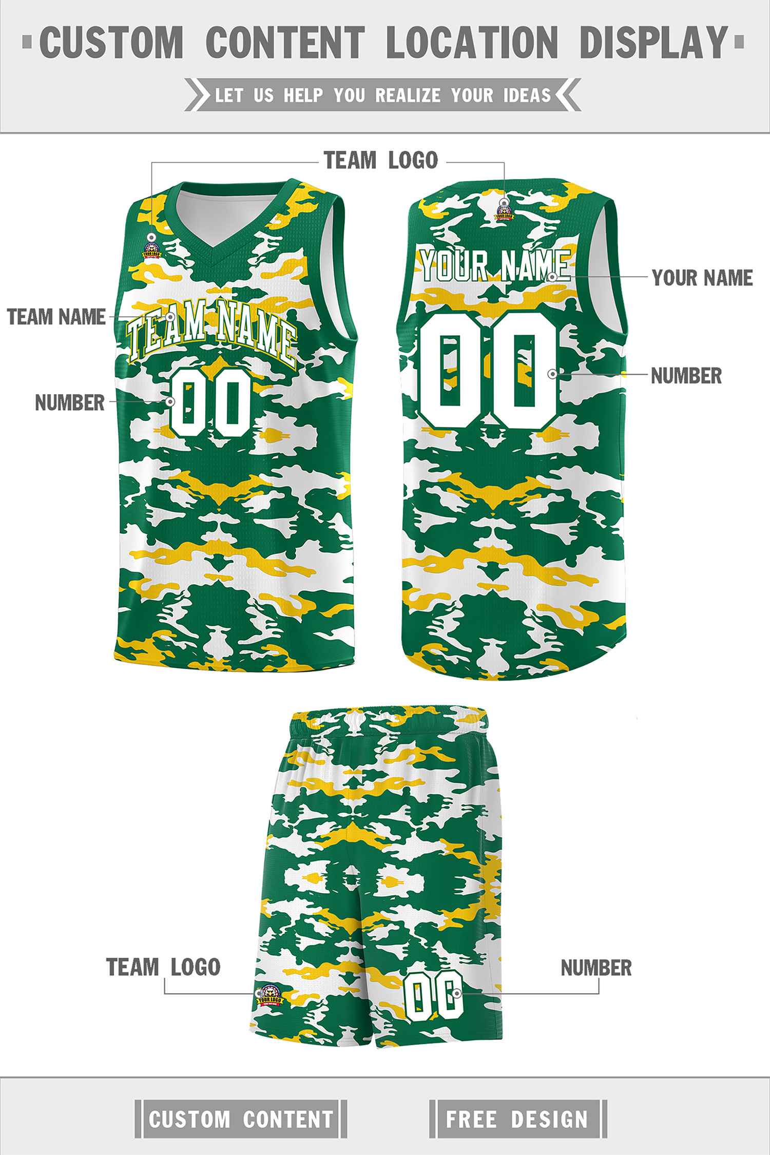 Custom Kelly Green Gold-White Personalized Camo Sets Sports Uniform Basketball Jersey