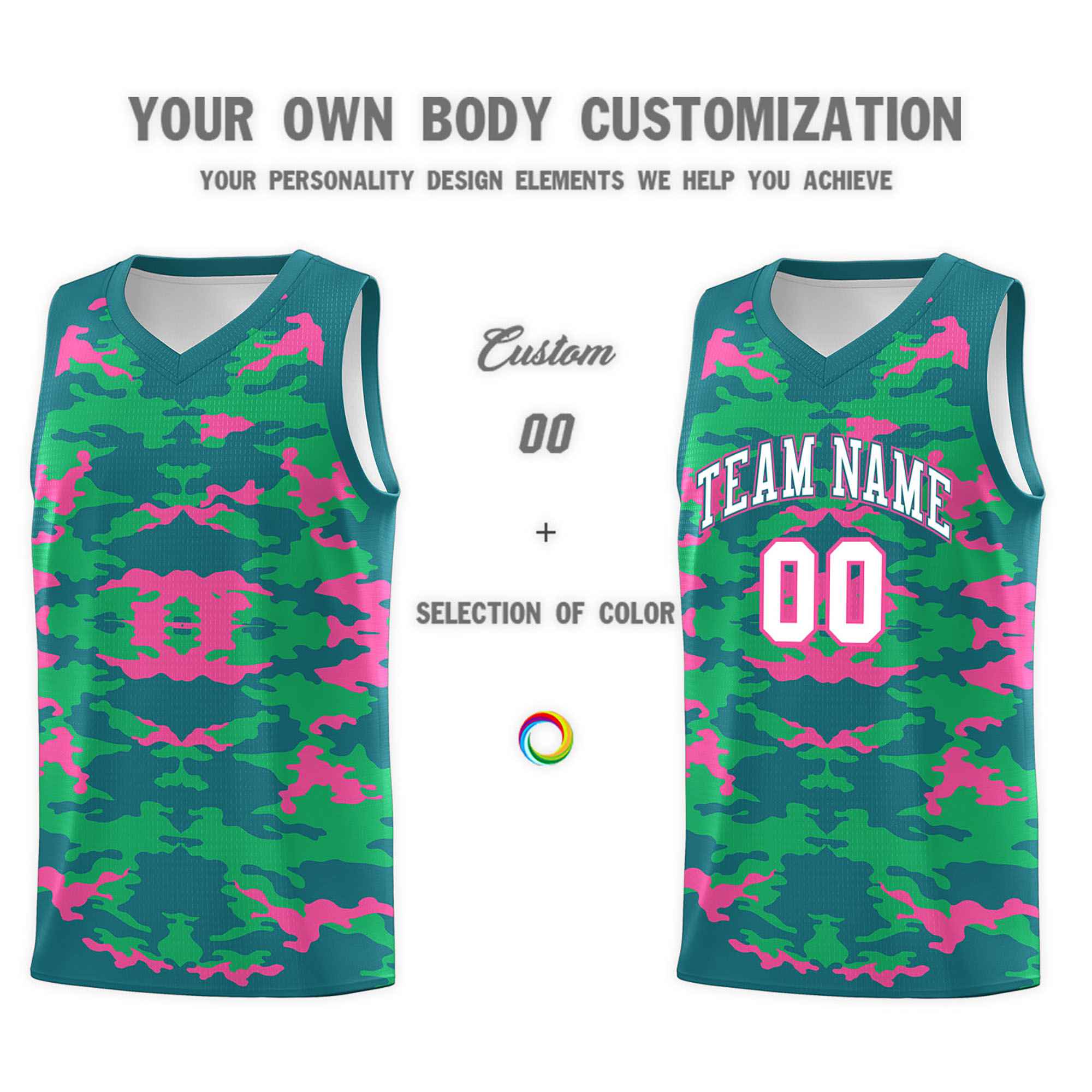 Custom Aqua Pink-Light Green Personalized Camo Sets Sports Uniform Basketball Jersey