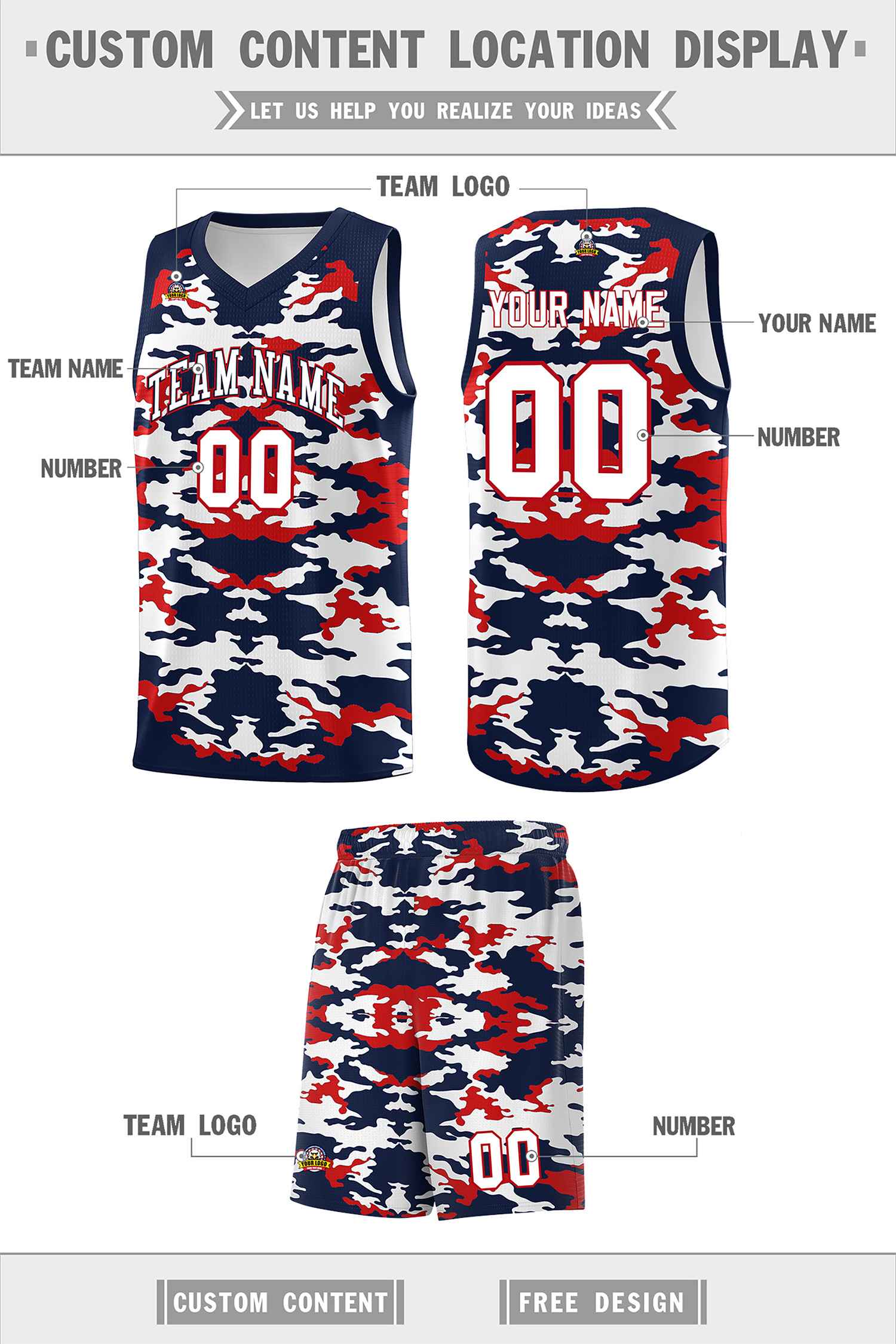 Custom Navy Red-White Personalized Camo Sets Sports Uniform Basketball Jersey