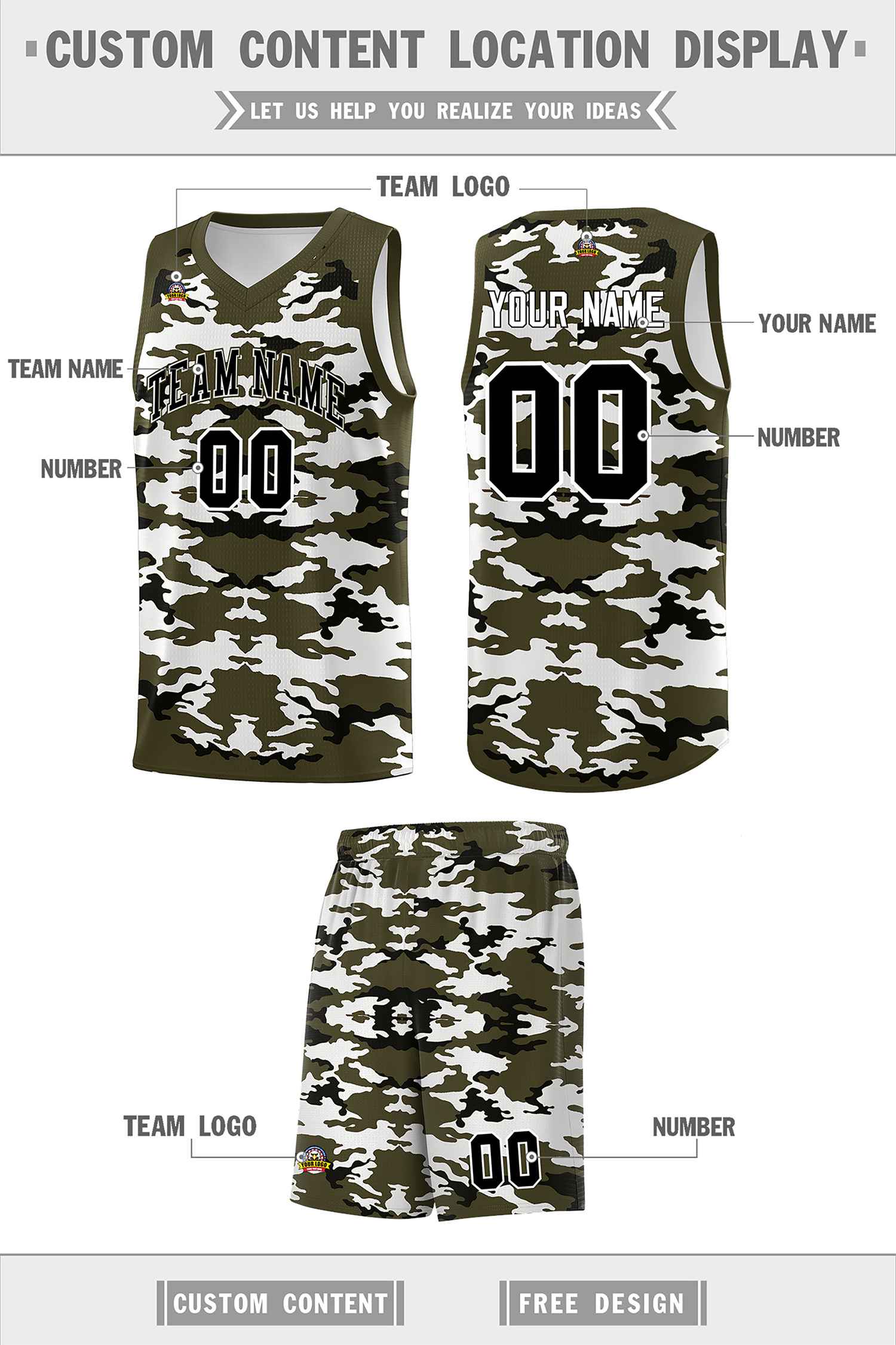 Custom Olive Black-White Personalized Camo Sets Sports Uniform Basketball Jersey