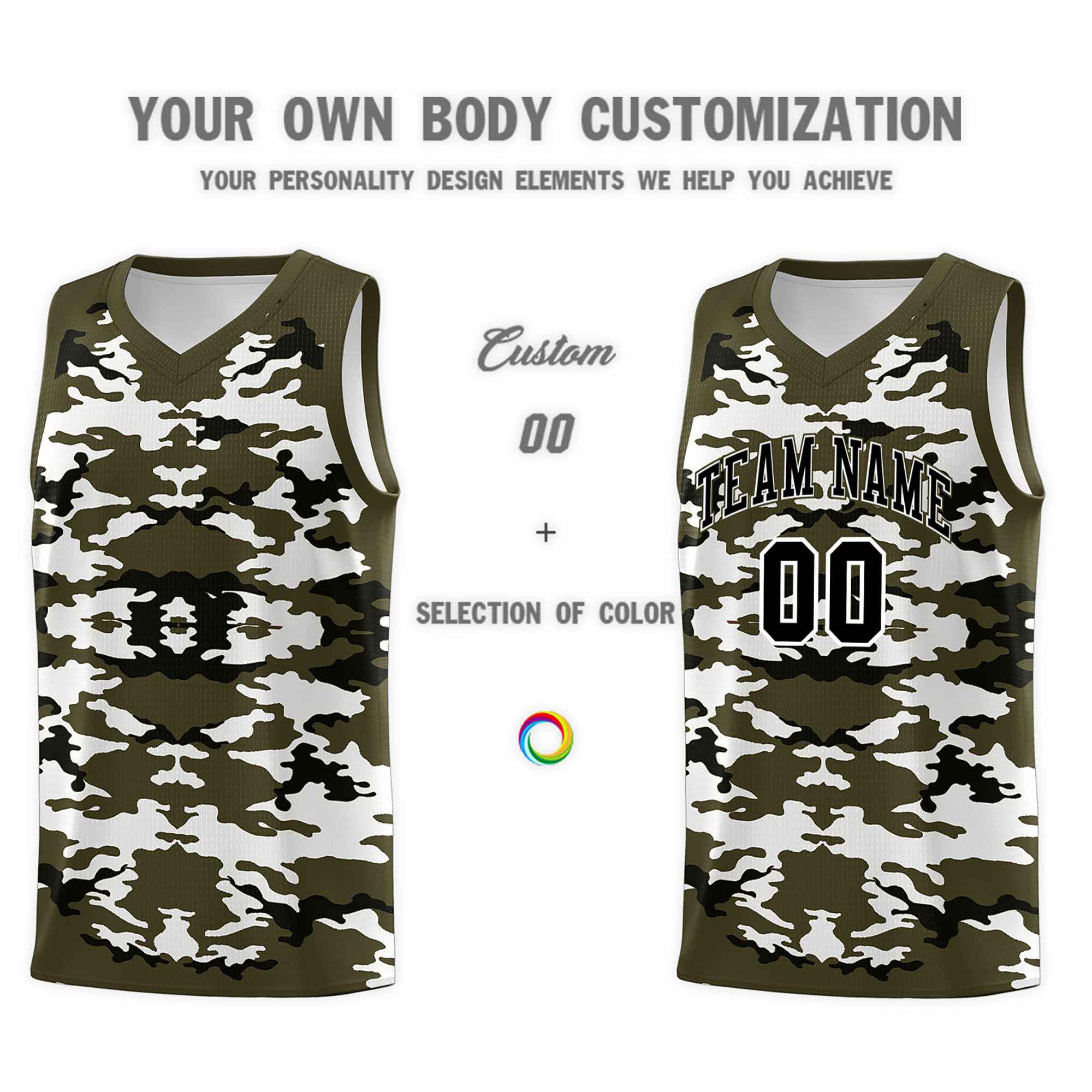 Custom Olive Black-White Personalized Camo Sets Sports Uniform Basketball Jersey