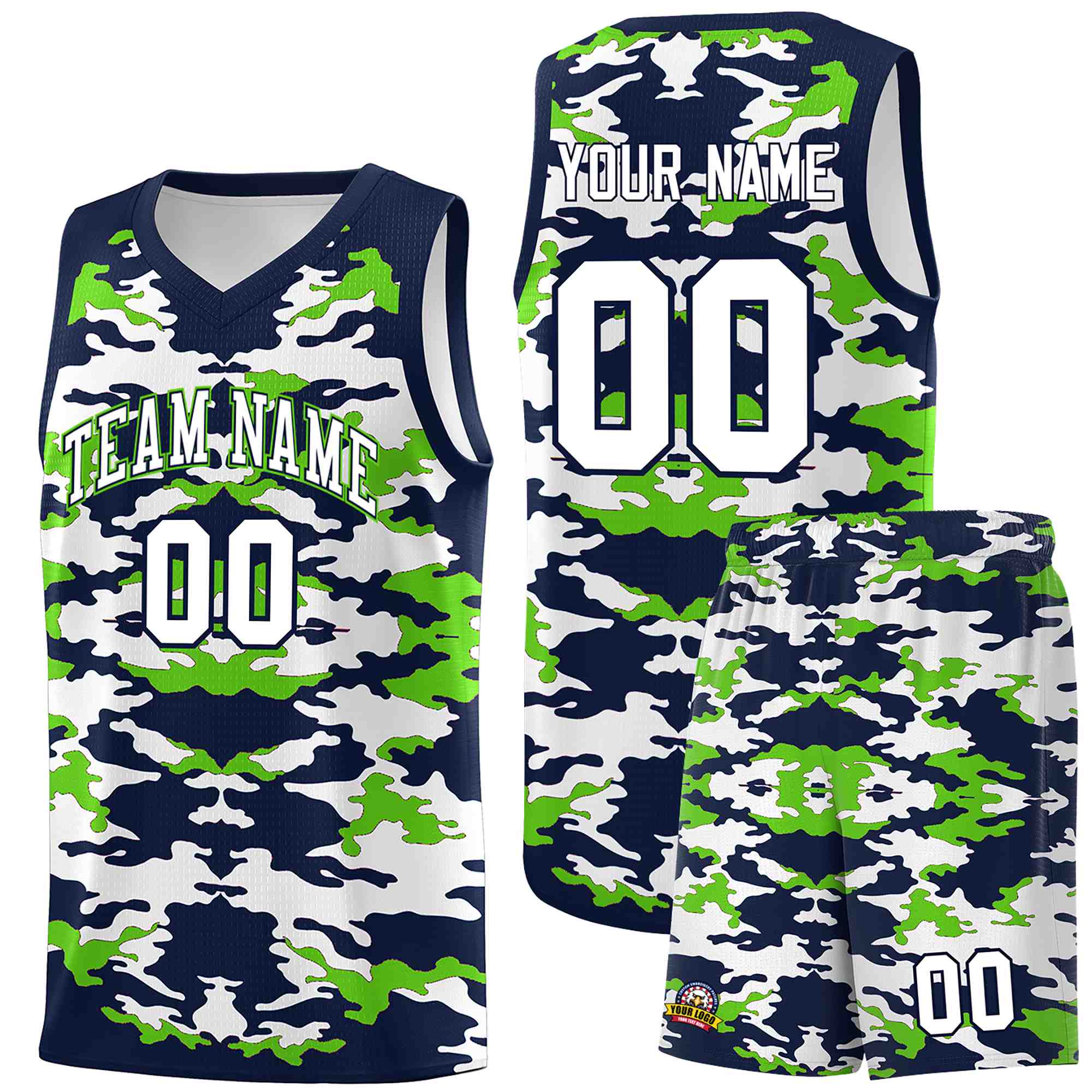 Custom Navy Neon Green-White Personalized Camo Sets Sports Uniform Basketball Jersey