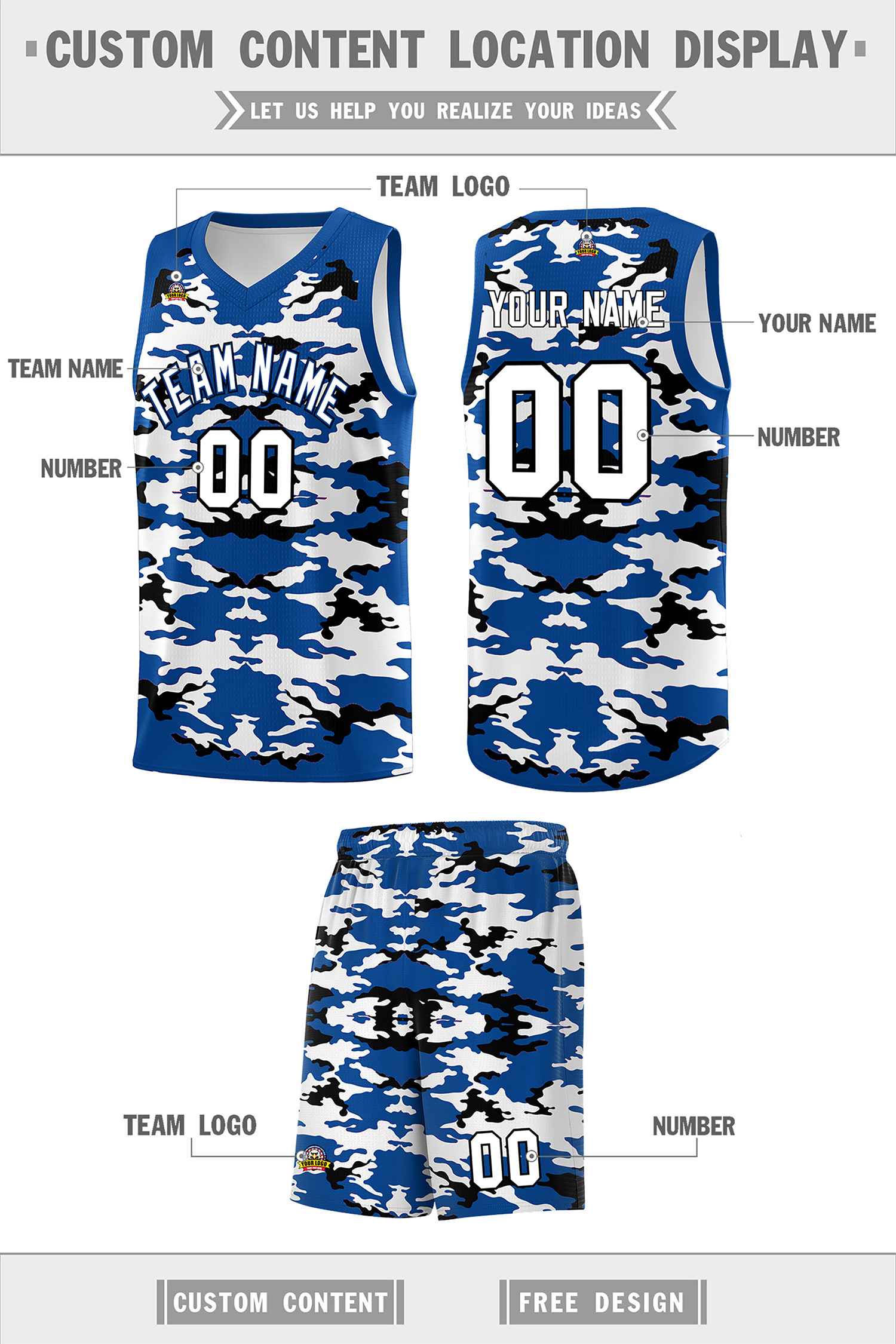 Custom Royal Black-White Personalized Camo Sets Sports Uniform Basketball Jersey