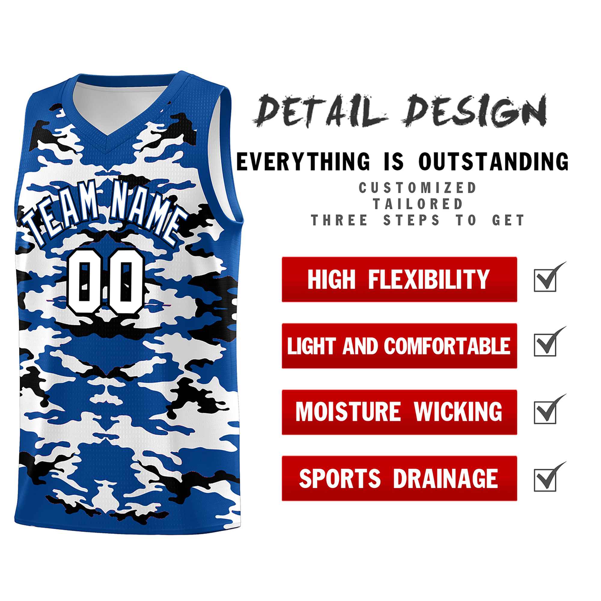 Custom Royal Black-White Personalized Camo Sets Sports Uniform Basketball Jersey