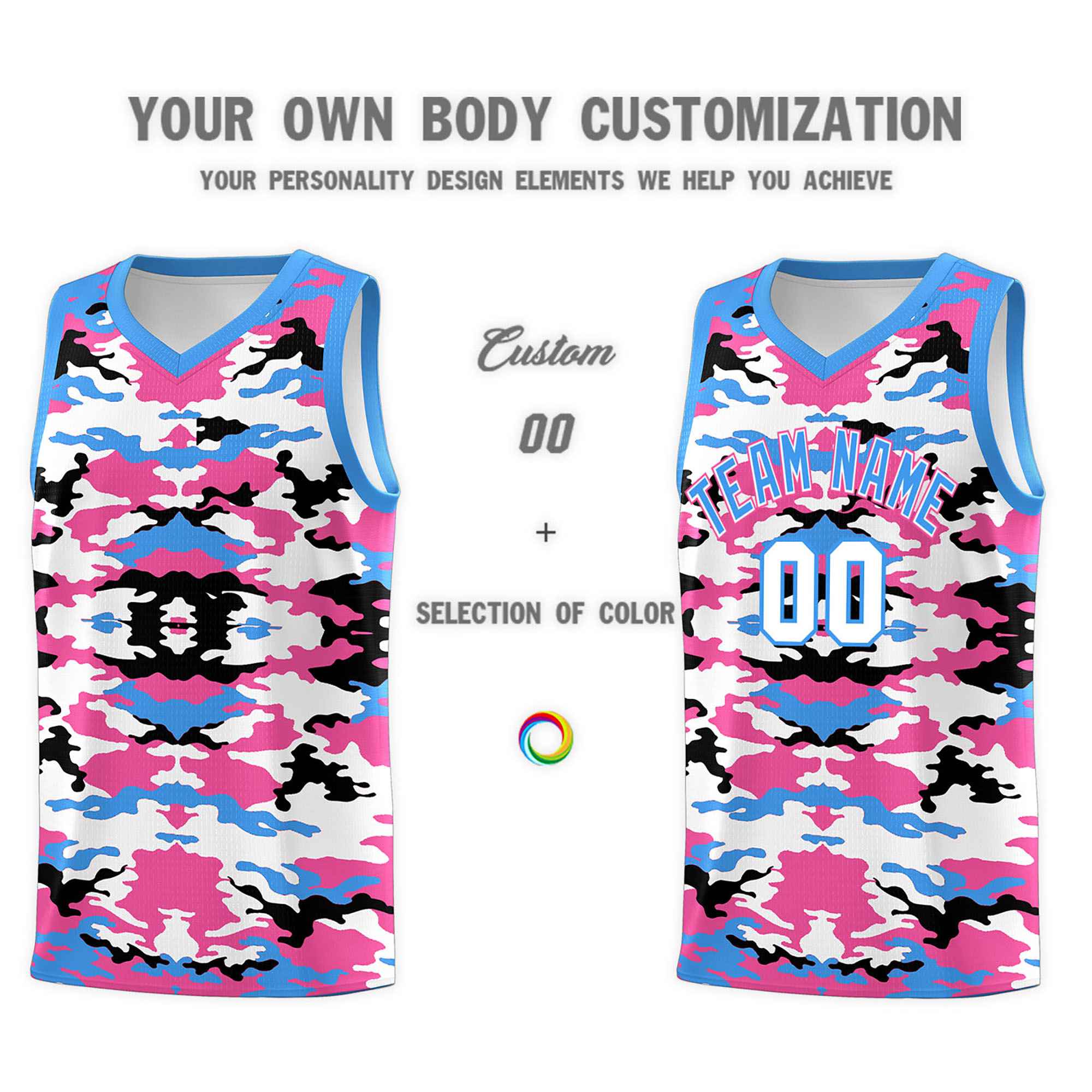 Custom Powder Blue Pink-Black-White Personalized Camo Sets Sports Uniform Basketball Jersey