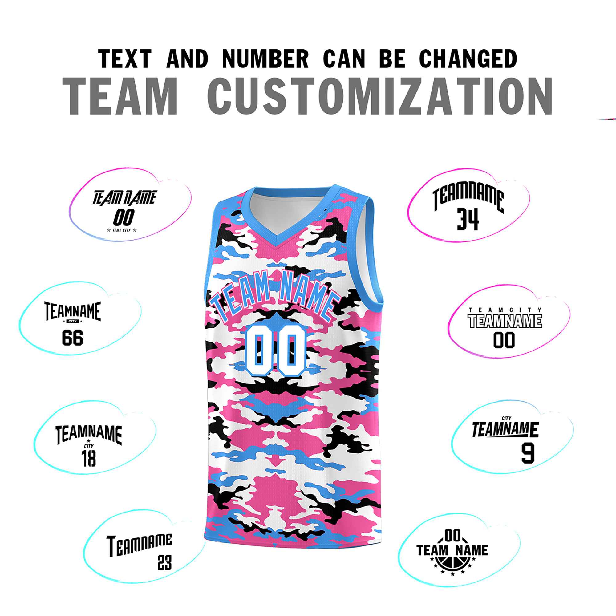 Custom Powder Blue Pink-Black-White Personalized Camo Sets Sports Uniform Basketball Jersey